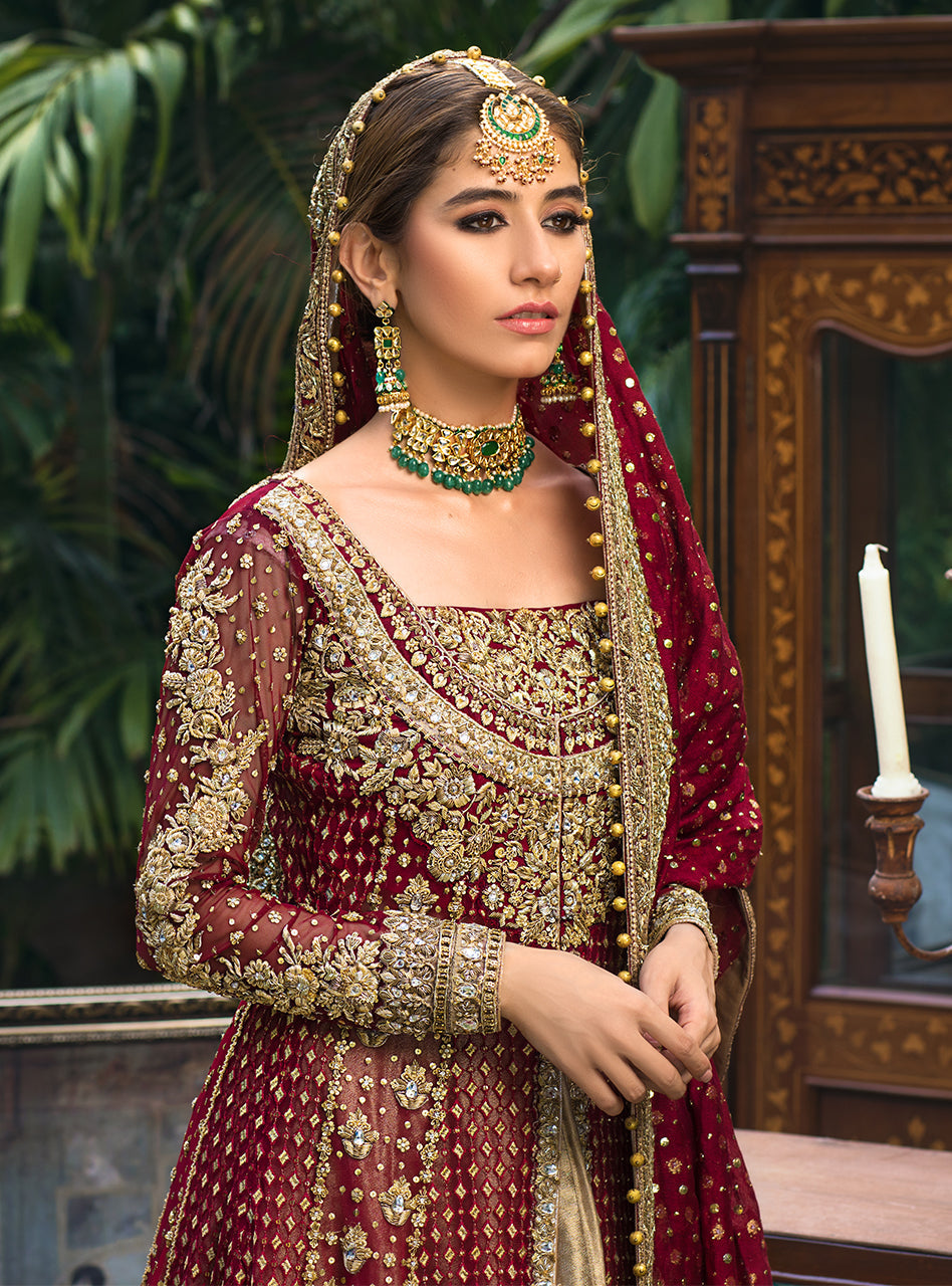 Maroon Gold Embroidered Net Jacquard Bridal Lehenga (3-Piece) - Image 4