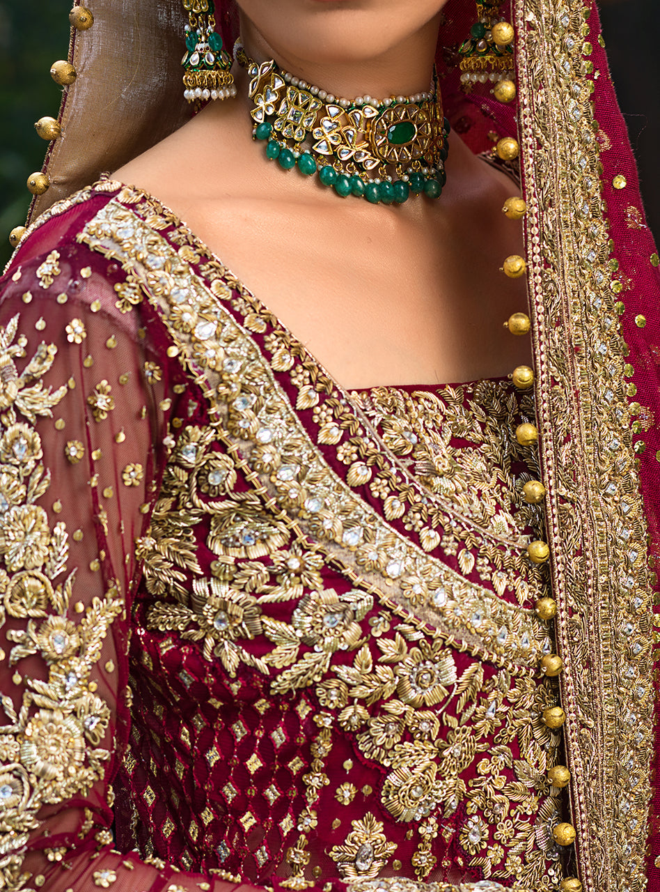 Maroon Gold Embroidered Net Jacquard Bridal Lehenga (3-Piece) - Image 6