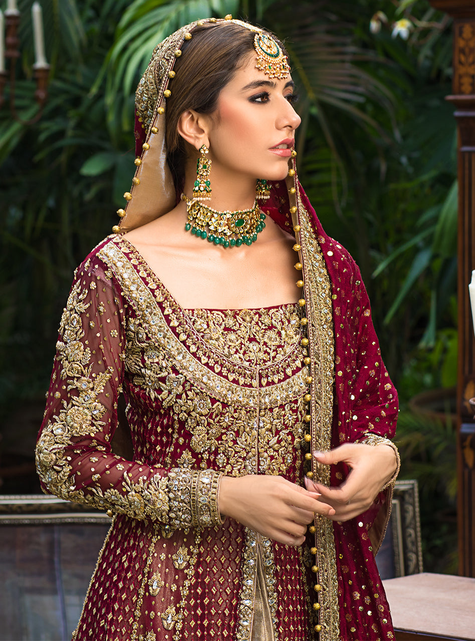Maroon Gold Embroidered Net Jacquard Bridal Lehenga (3-Piece) - Image 7
