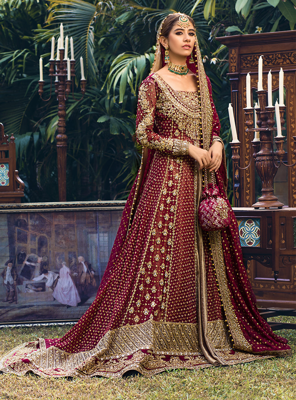 Pakistani Maroon & Gold Embroidered Net Jacquard Bridal Lehenga (3-Piece) - Image 2
