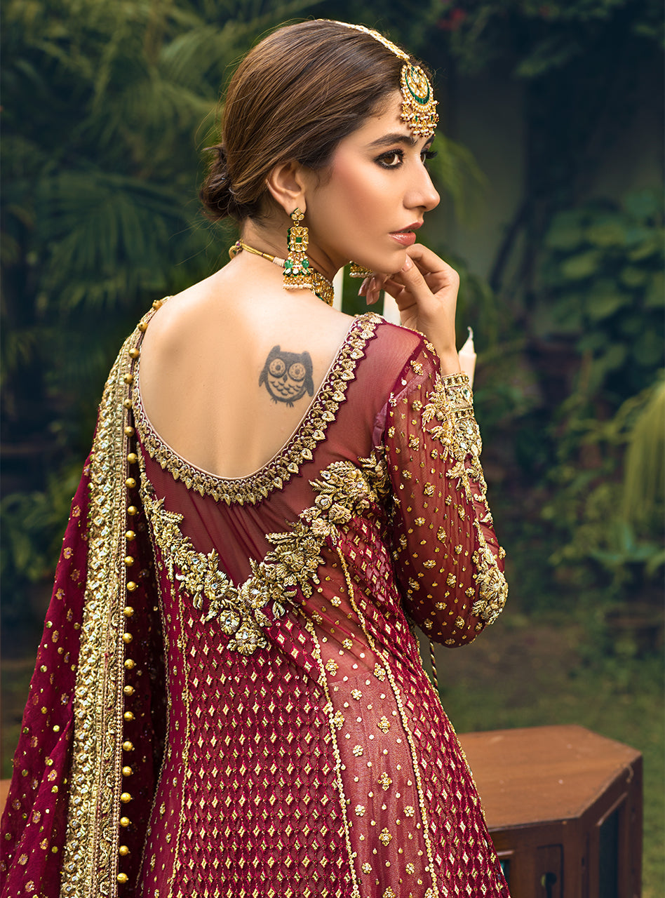 Pakistani Maroon & Gold Embroidered Net Jacquard Bridal Lehenga (3-Piece) - Image 7