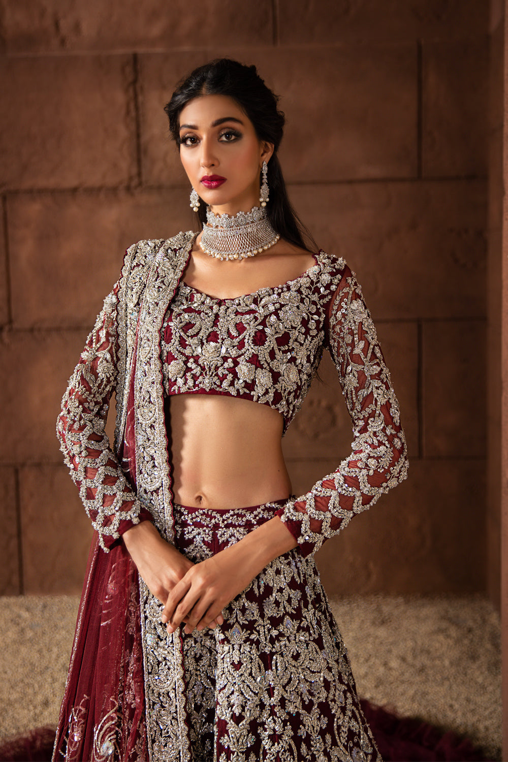 Pakistani Wine Embellished Net Lehenga Choli (3-Piece) - Image 3