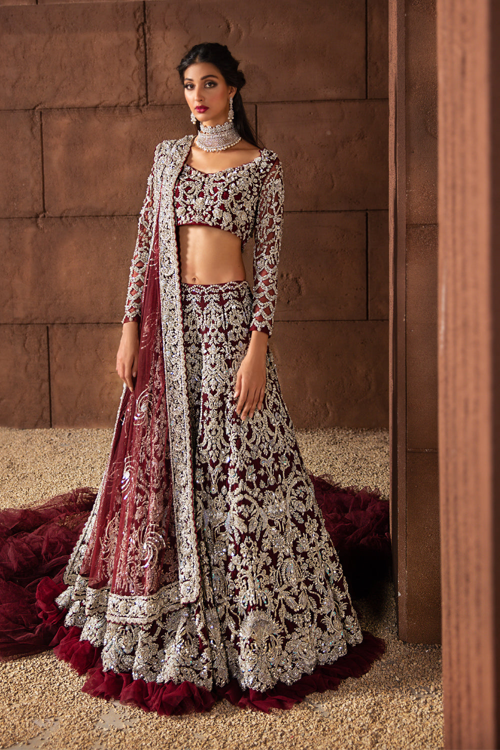 Pakistani Wine Embellished Net Lehenga Choli (3-Piece) - Image 1