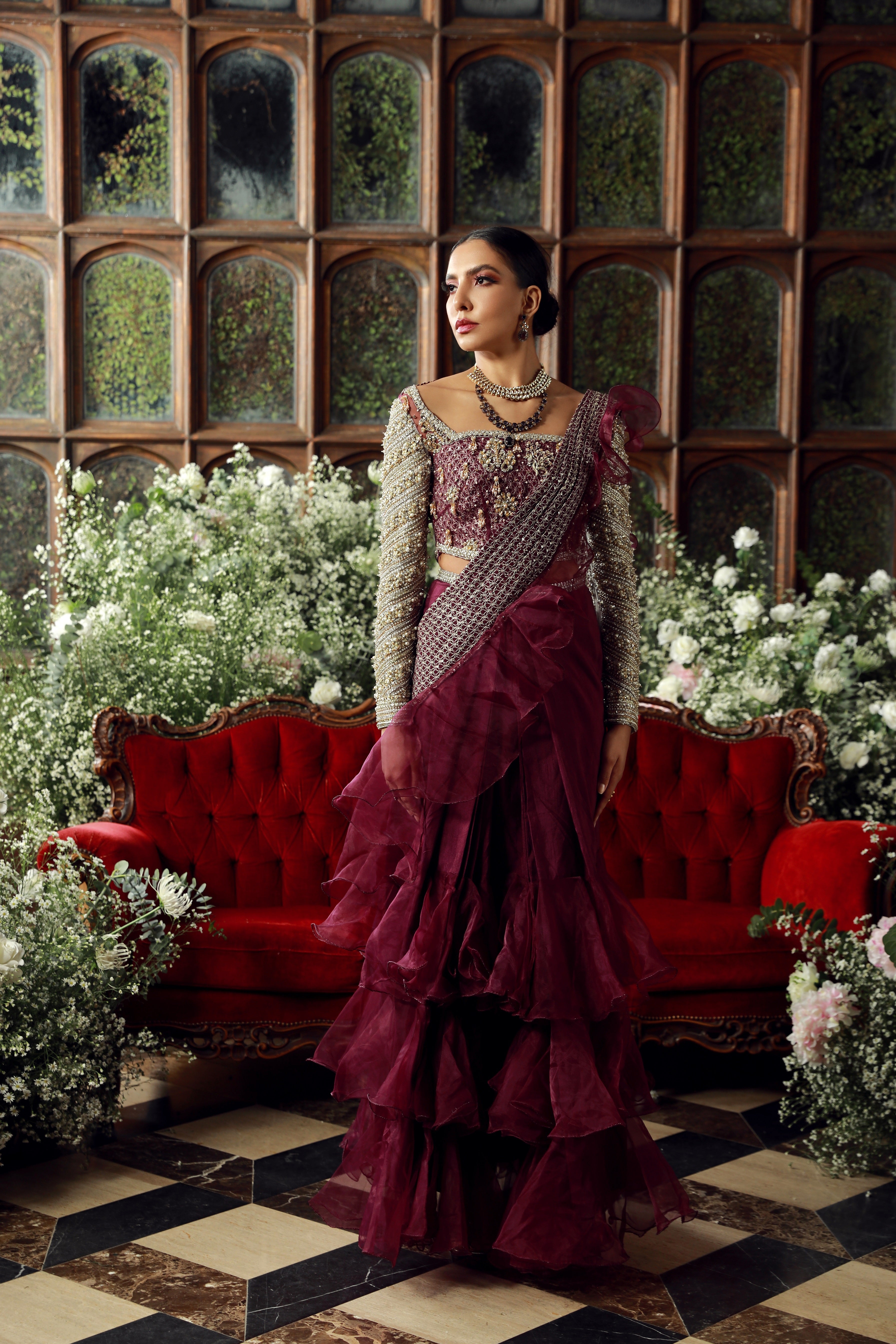 Burgundy Embellished Net & Organza Lehenga (3-Piece) - Image 1