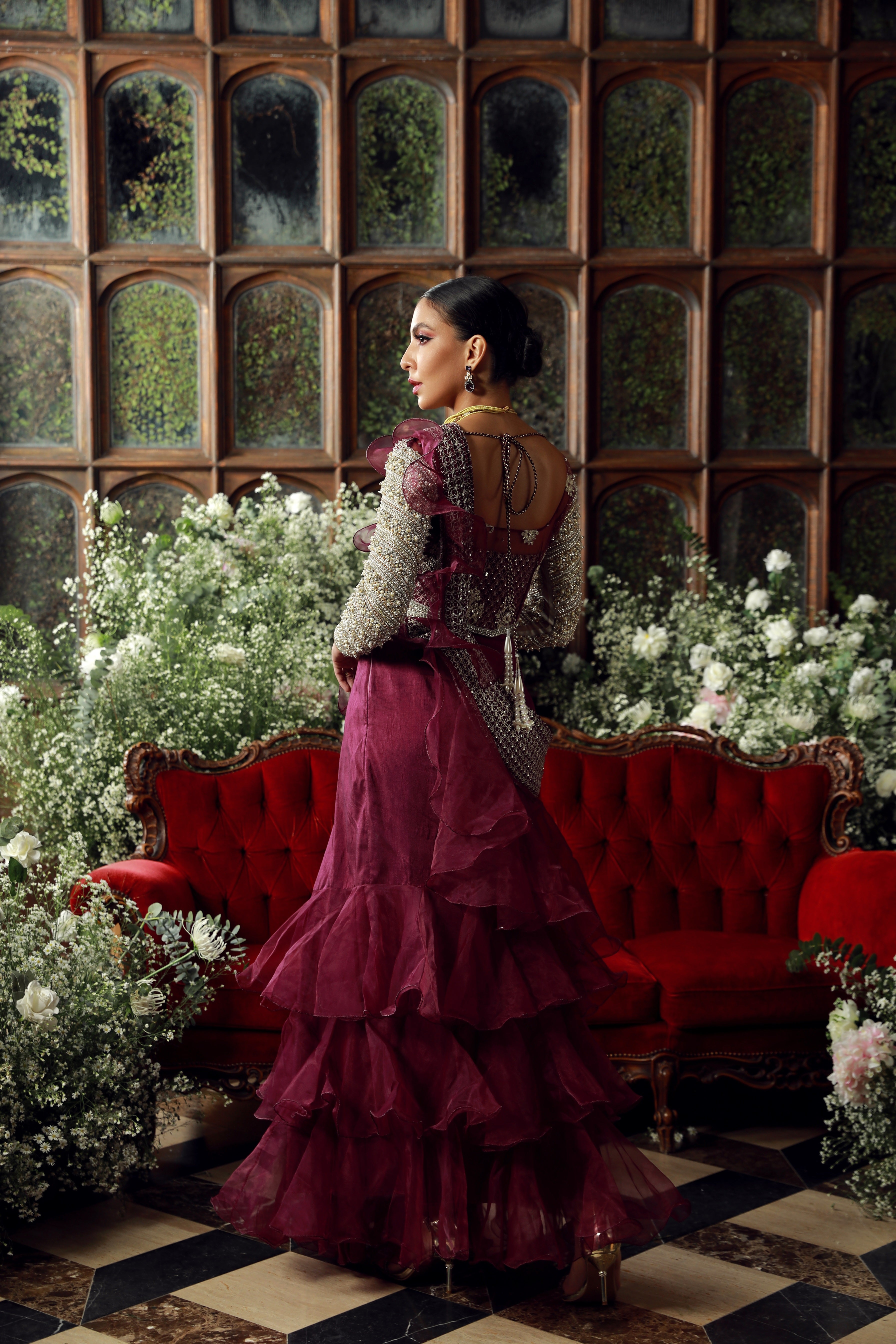 Burgundy Embellished Net & Organza Lehenga (3-Piece) - Image 2