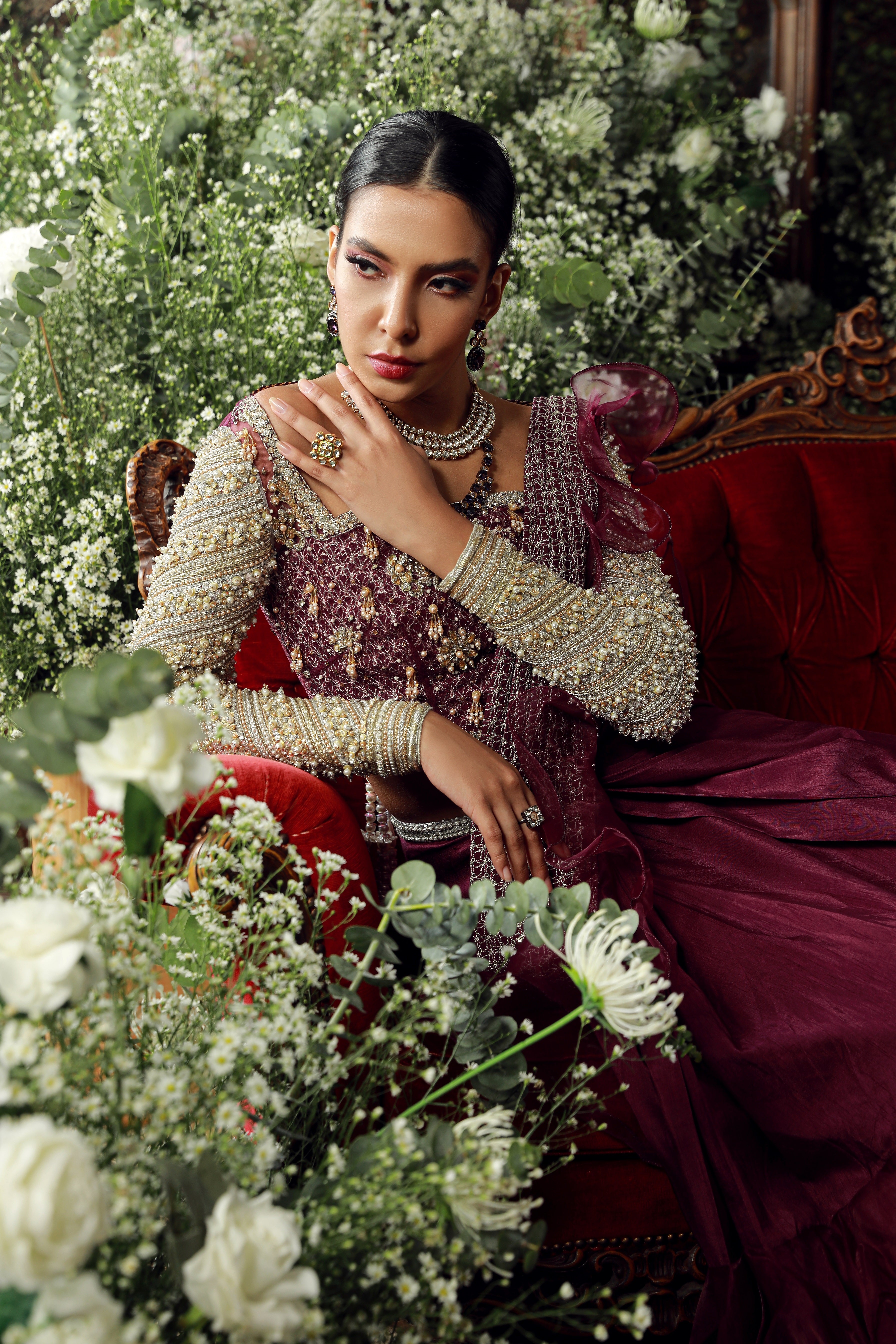 Burgundy Embellished Net & Organza Lehenga (3-Piece) - Image 3