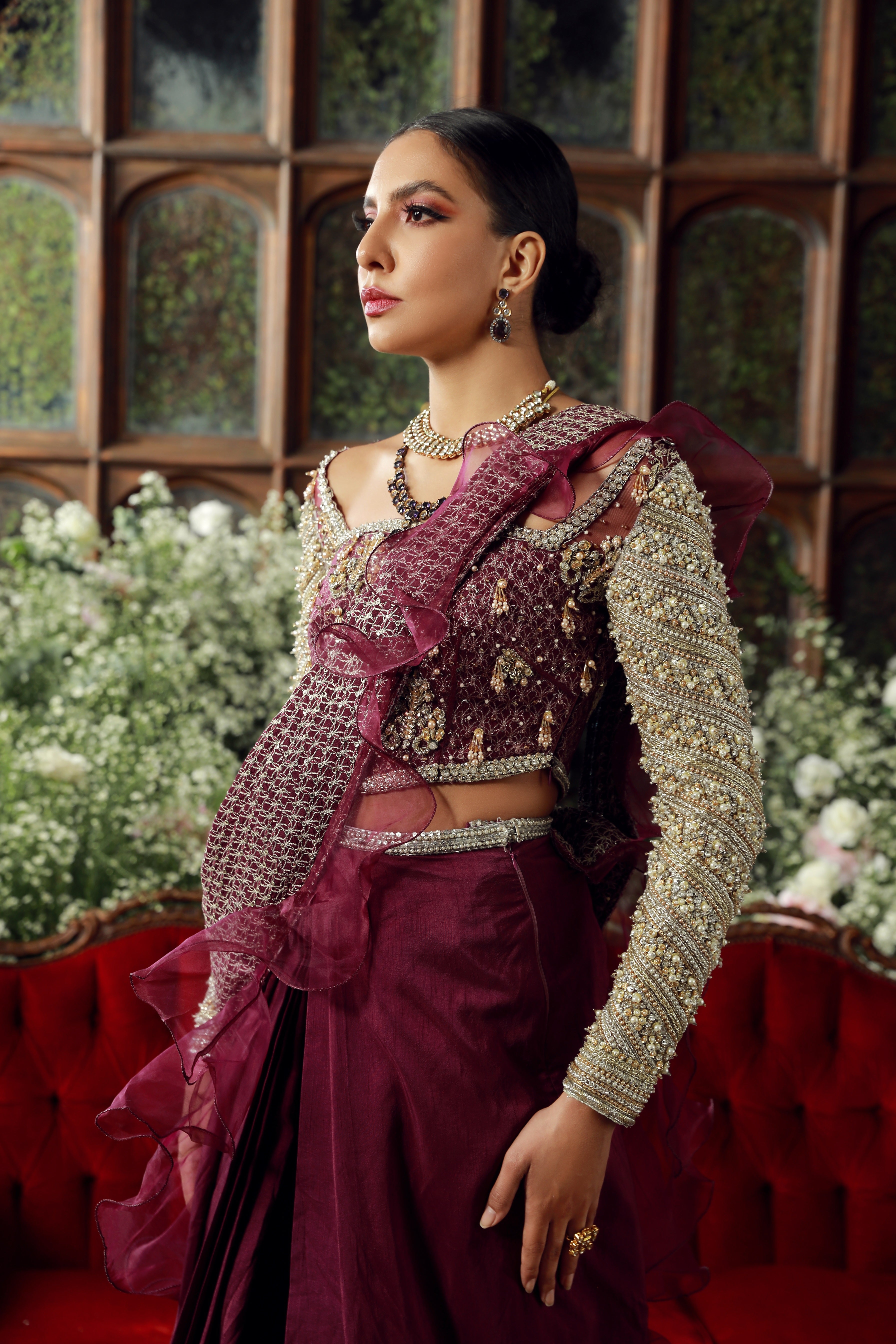 Burgundy Embellished Net & Organza Lehenga (3-Piece) - Image 4