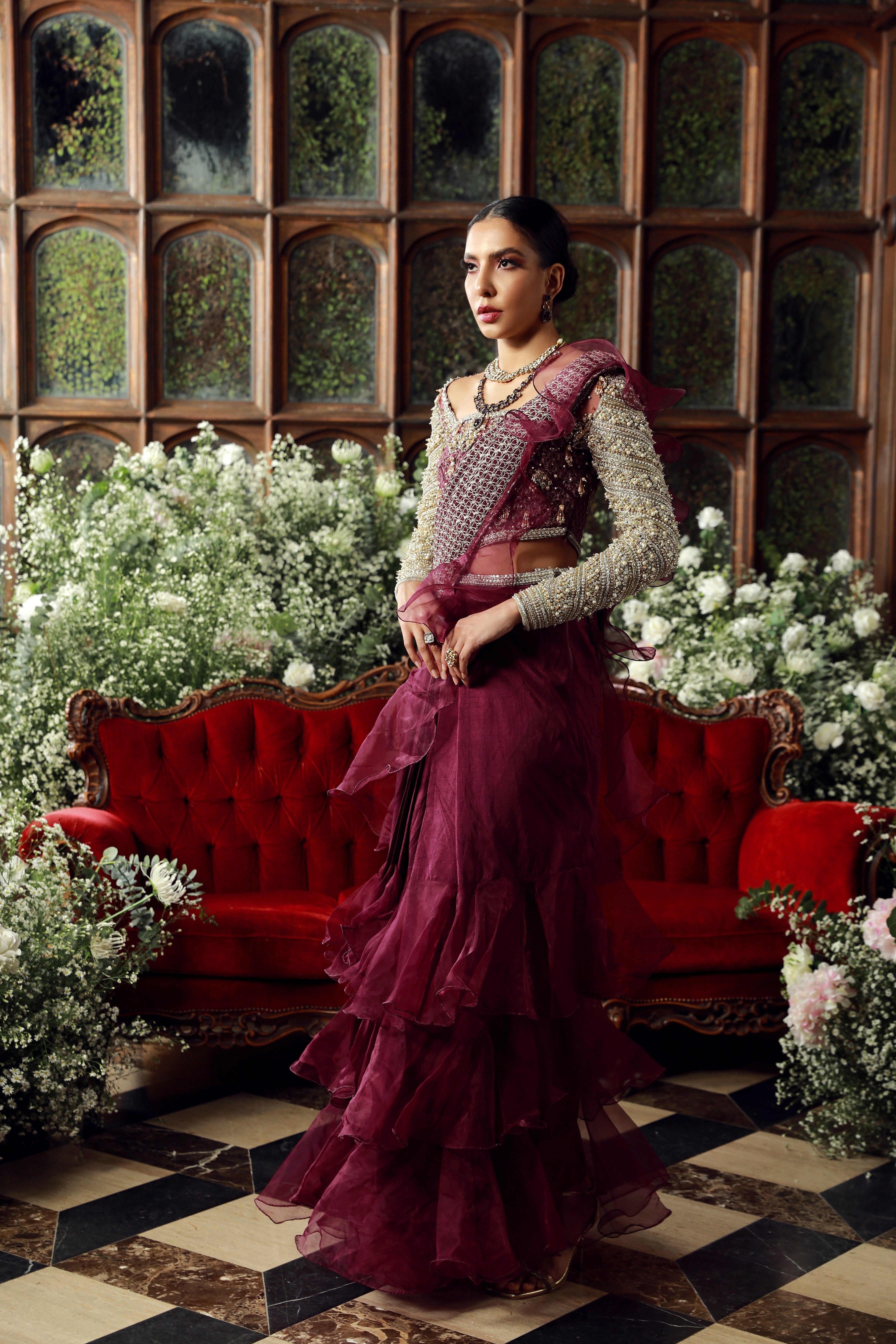 Burgundy Embellished Net & Organza Lehenga (3-Piece) - Image 5