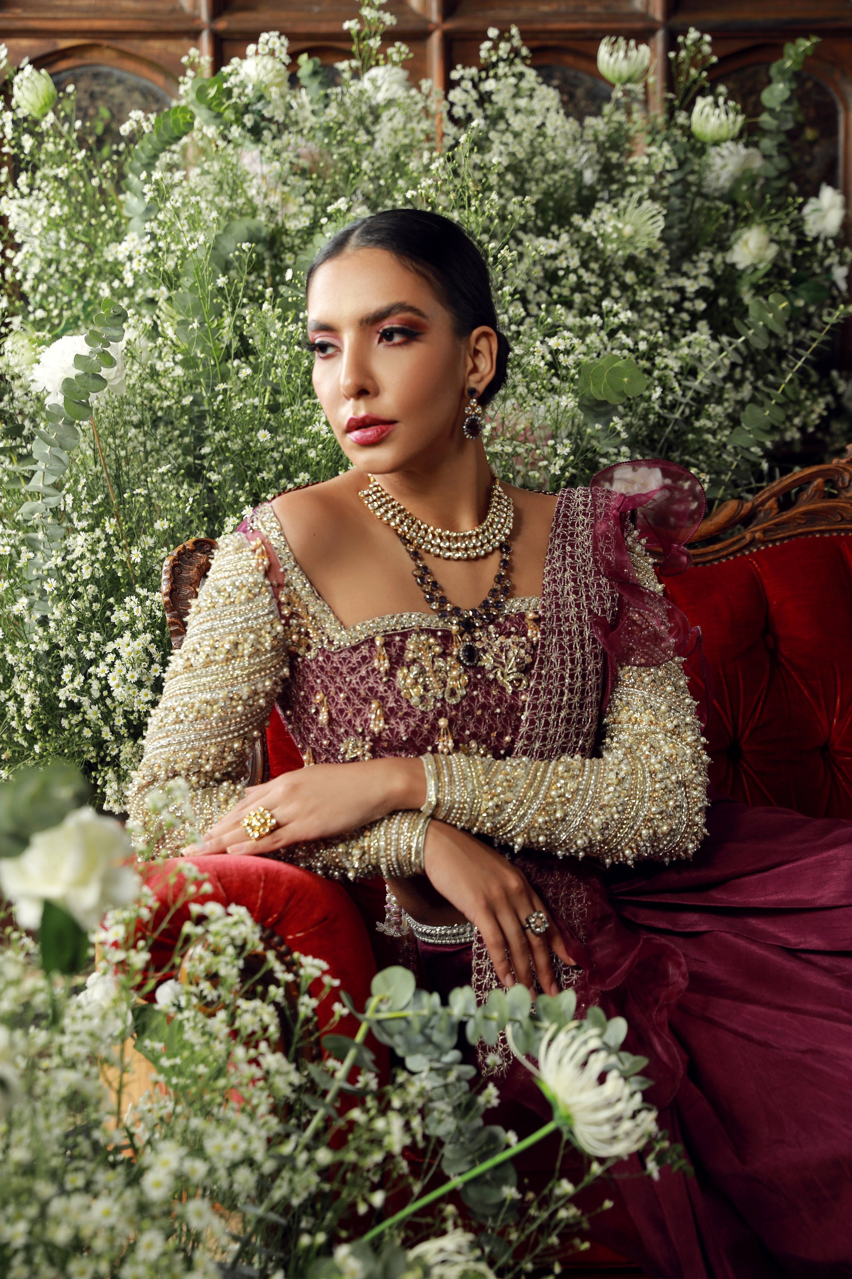 Burgundy Embellished Net & Organza Lehenga (3-Piece) - Image 6