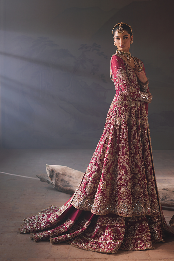 Indian Deep Maroon Embroidered Net Farshi Lehenga (3-Piece) - Image 2