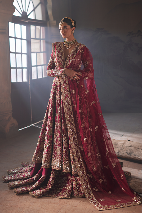 Indian Deep Maroon Embroidered Net Farshi Lehenga (3-Piece) - Image 5
