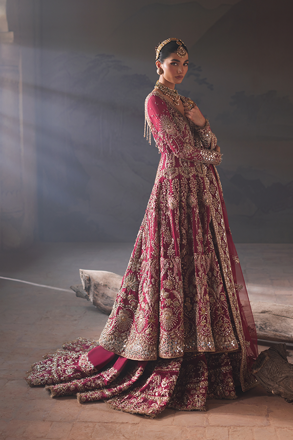Indian Deep Maroon Embroidered Net Farshi Lehenga (3-Piece) - Image 7