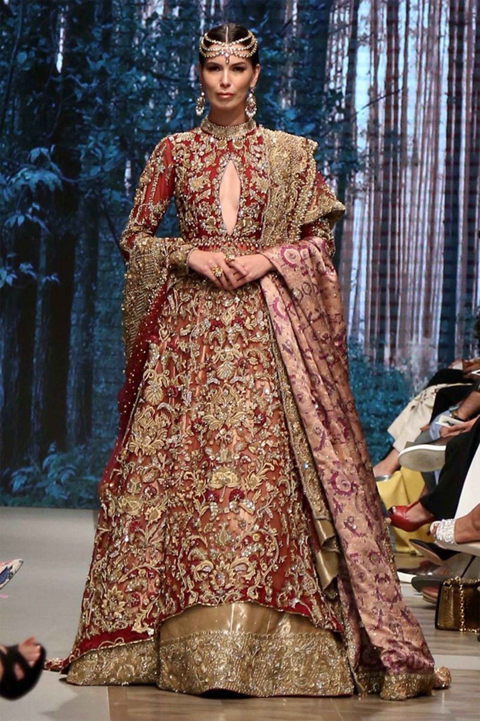 Pakistani Maroon Scarlet Zardozi Net Bridal Lehenga (3-Piece) - Image 1
