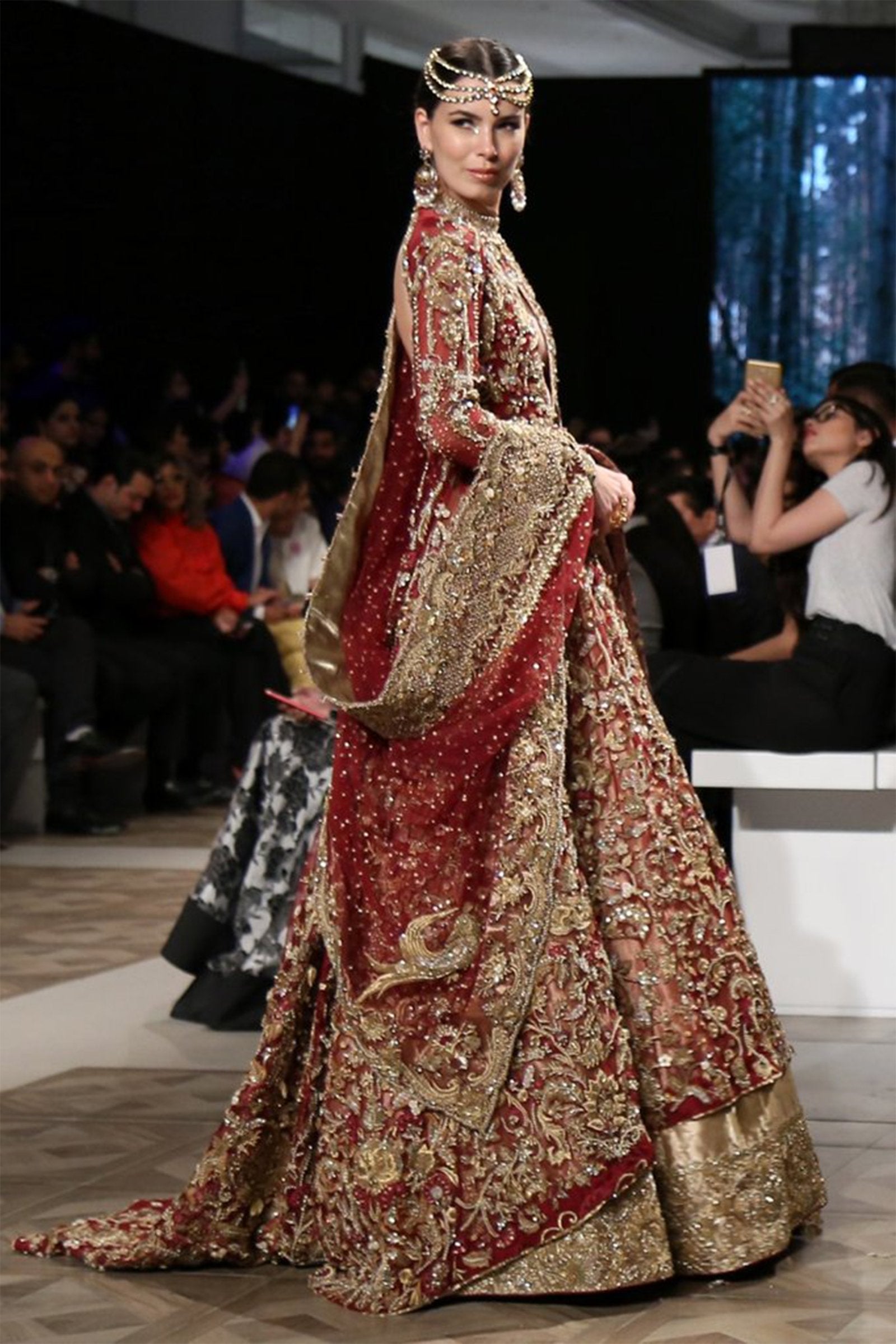 Pakistani Maroon Scarlet Zardozi Net Bridal Lehenga (3-Piece) - Image 2
