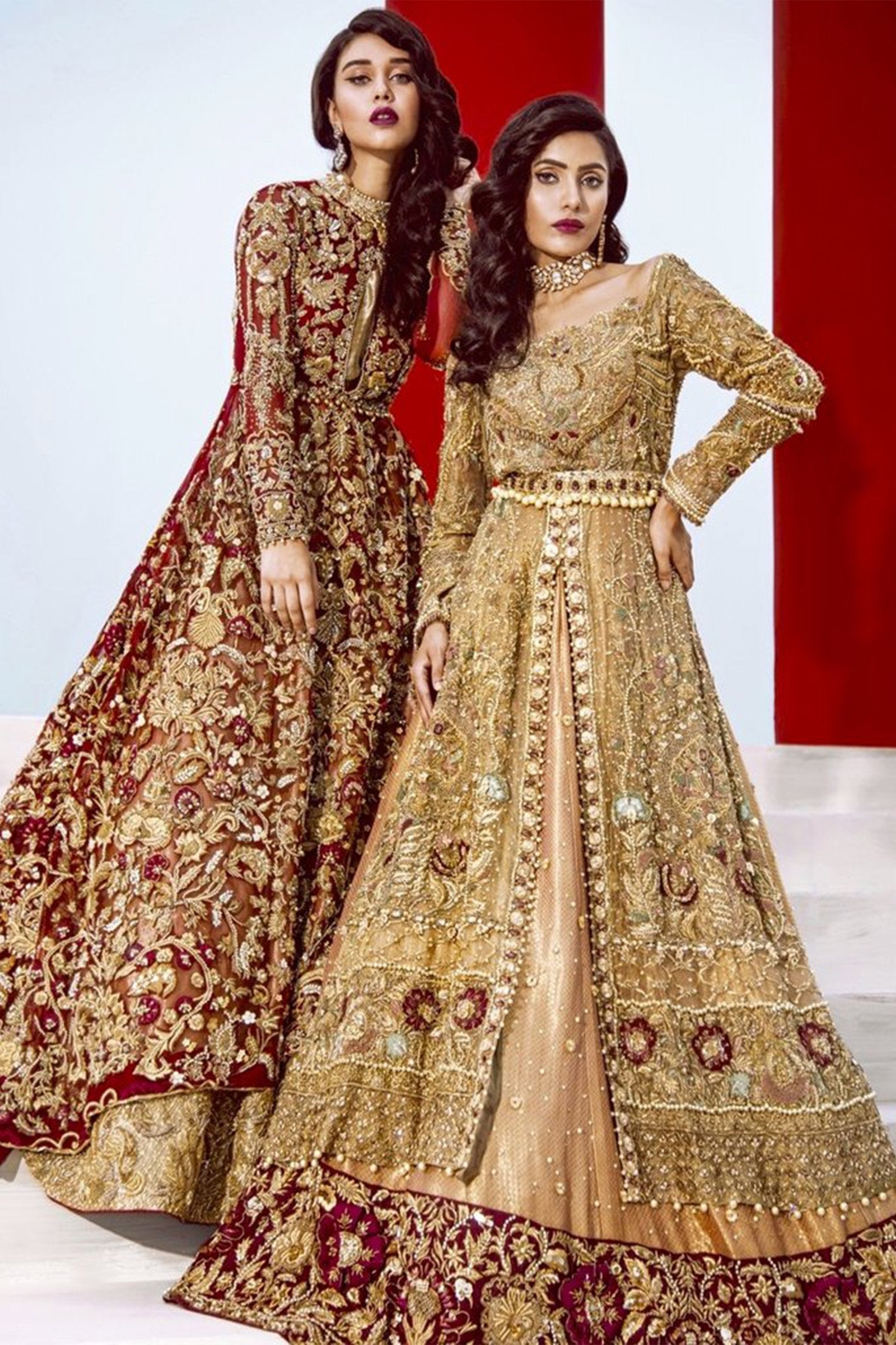 Pakistani Maroon Scarlet Zardozi Net Bridal Lehenga (3-Piece) - Image 3
