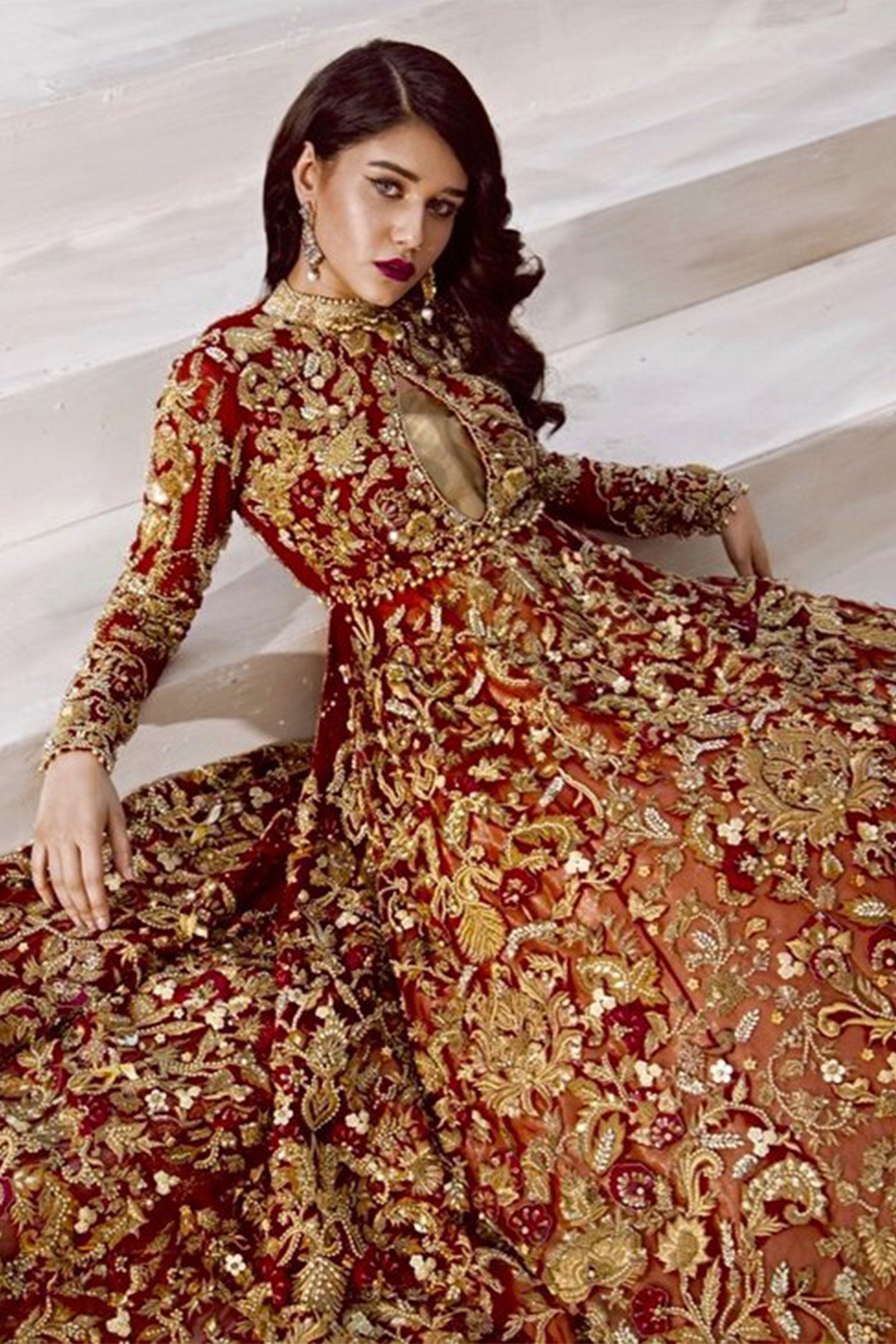Pakistani Maroon Scarlet Zardozi Net Bridal Lehenga (3-Piece) - Image 4