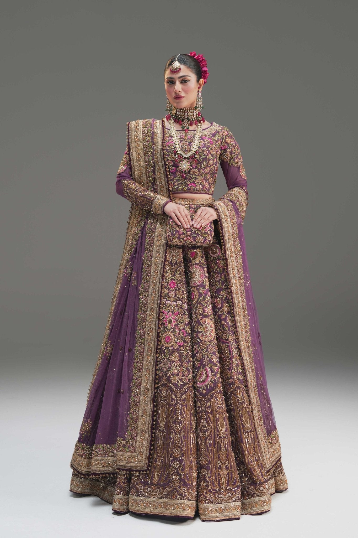 Wine Embroidered Net Lehenga Choli (3-Piece) - Image 5