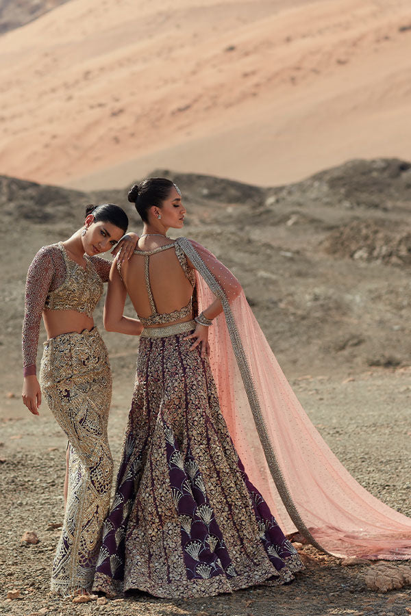 Maroon & Coral Peach Embellished Net Lehenga Choli (4-Piece) - Image 3