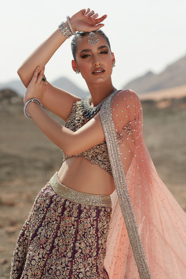 Maroon & Coral Peach Embellished Net Lehenga Choli (4-Piece) - Image 4