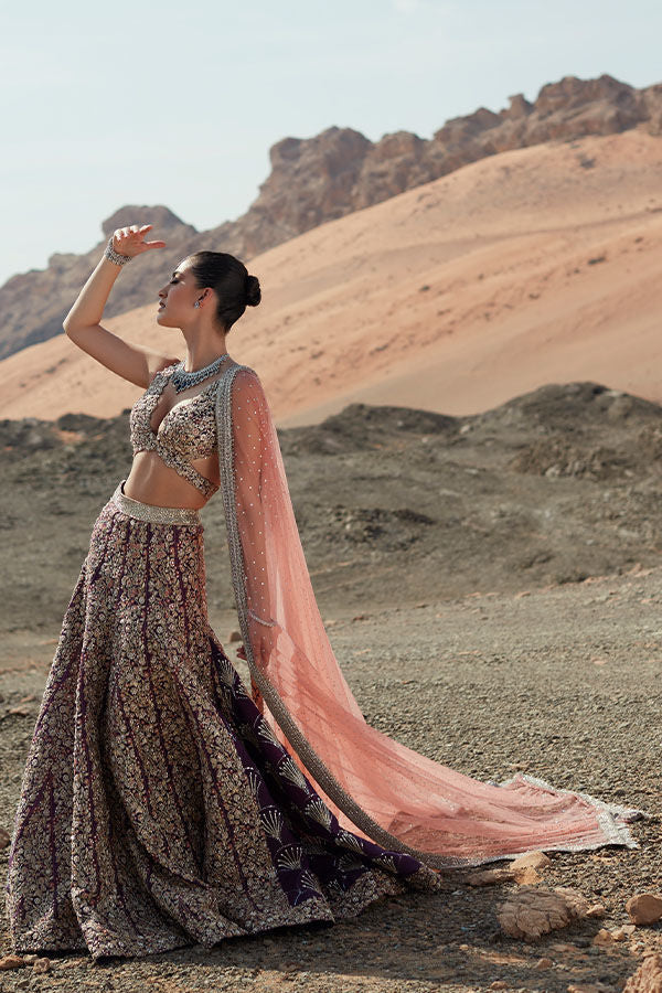 Maroon & Coral Peach Embellished Net Lehenga Choli (4-Piece) - Image 6