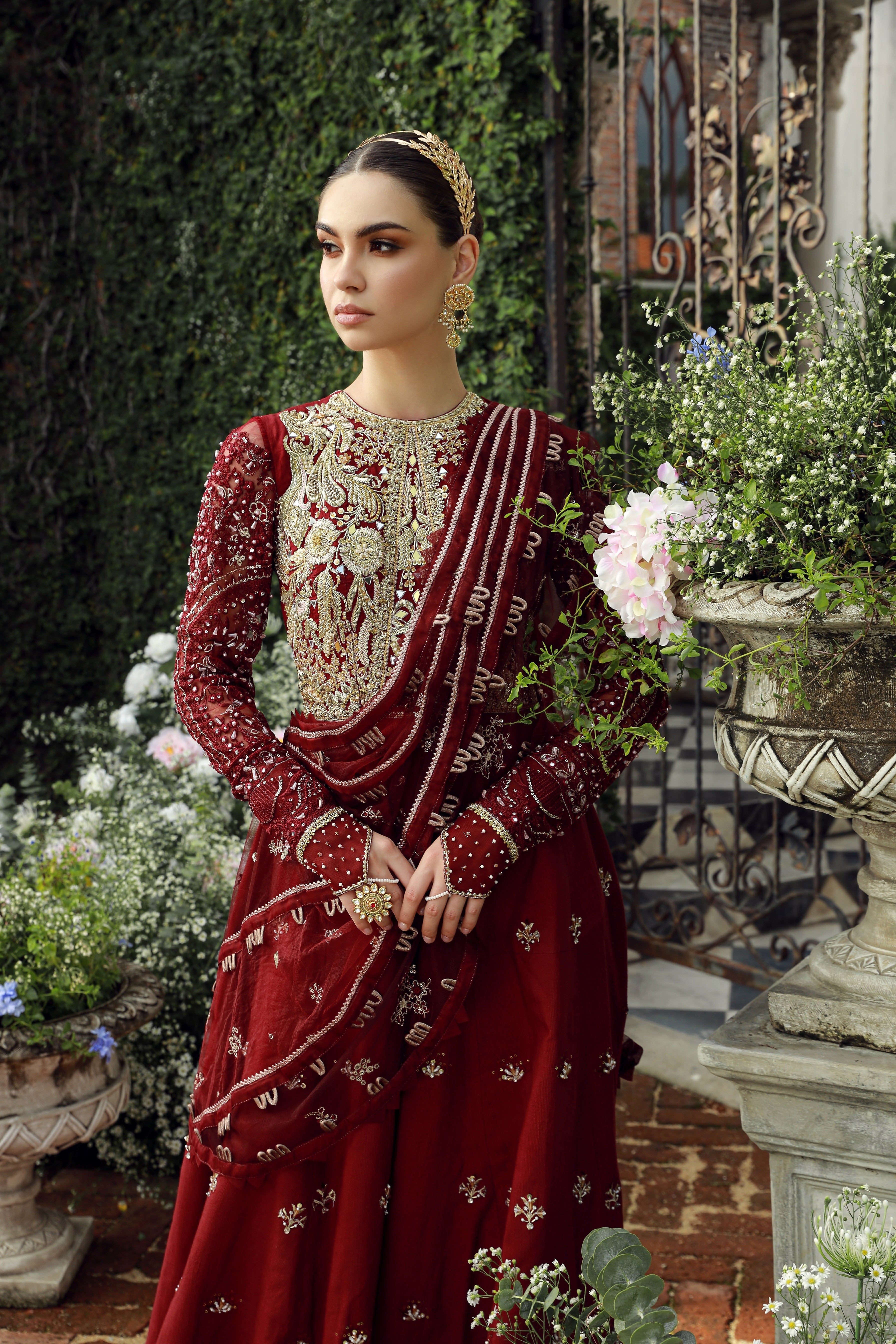 Royal Maroon Embroidered Net Bridal Lehenga (3-Piece) - Image 2