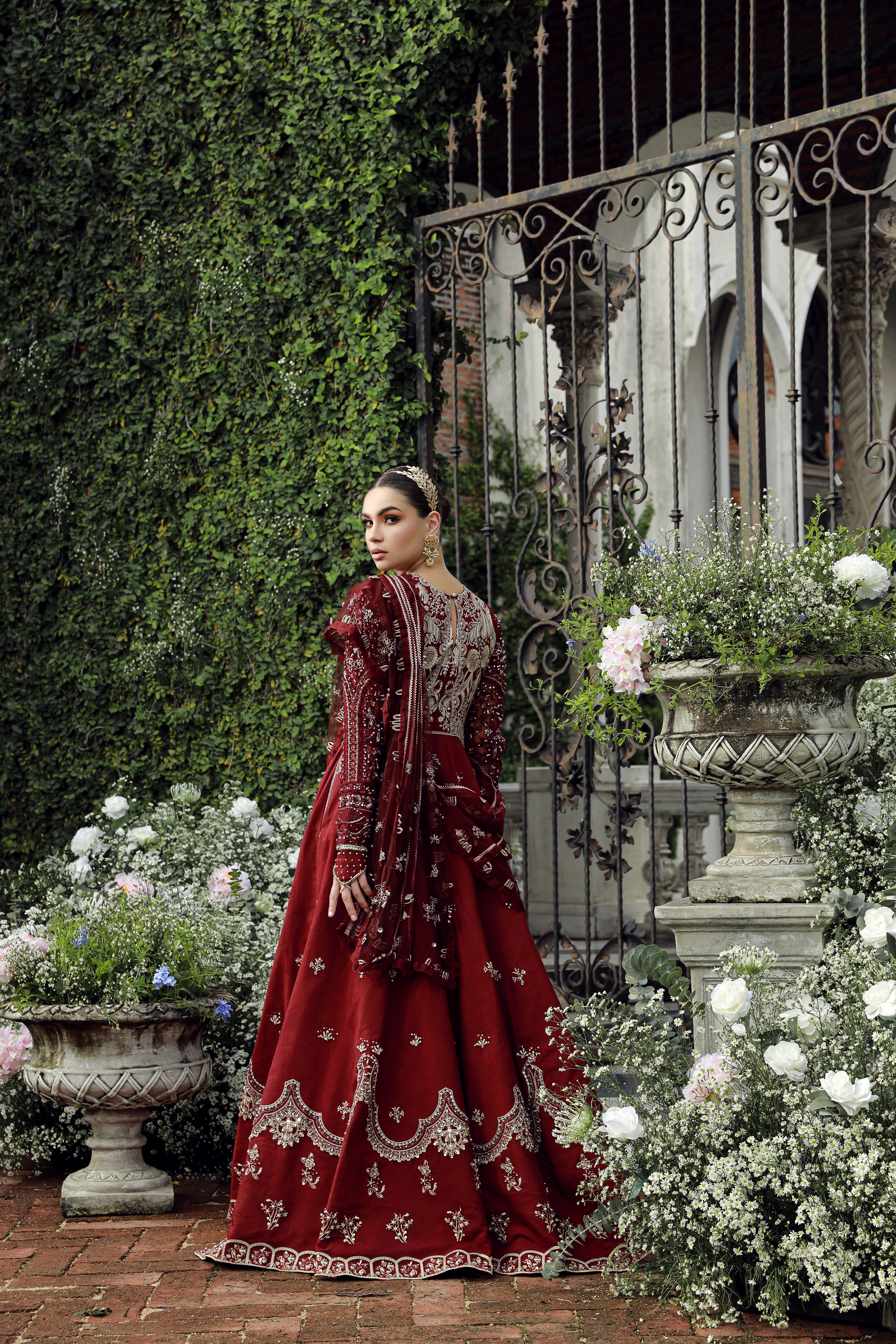Royal Maroon Embroidered Net Bridal Lehenga (3-Piece) - Image 3
