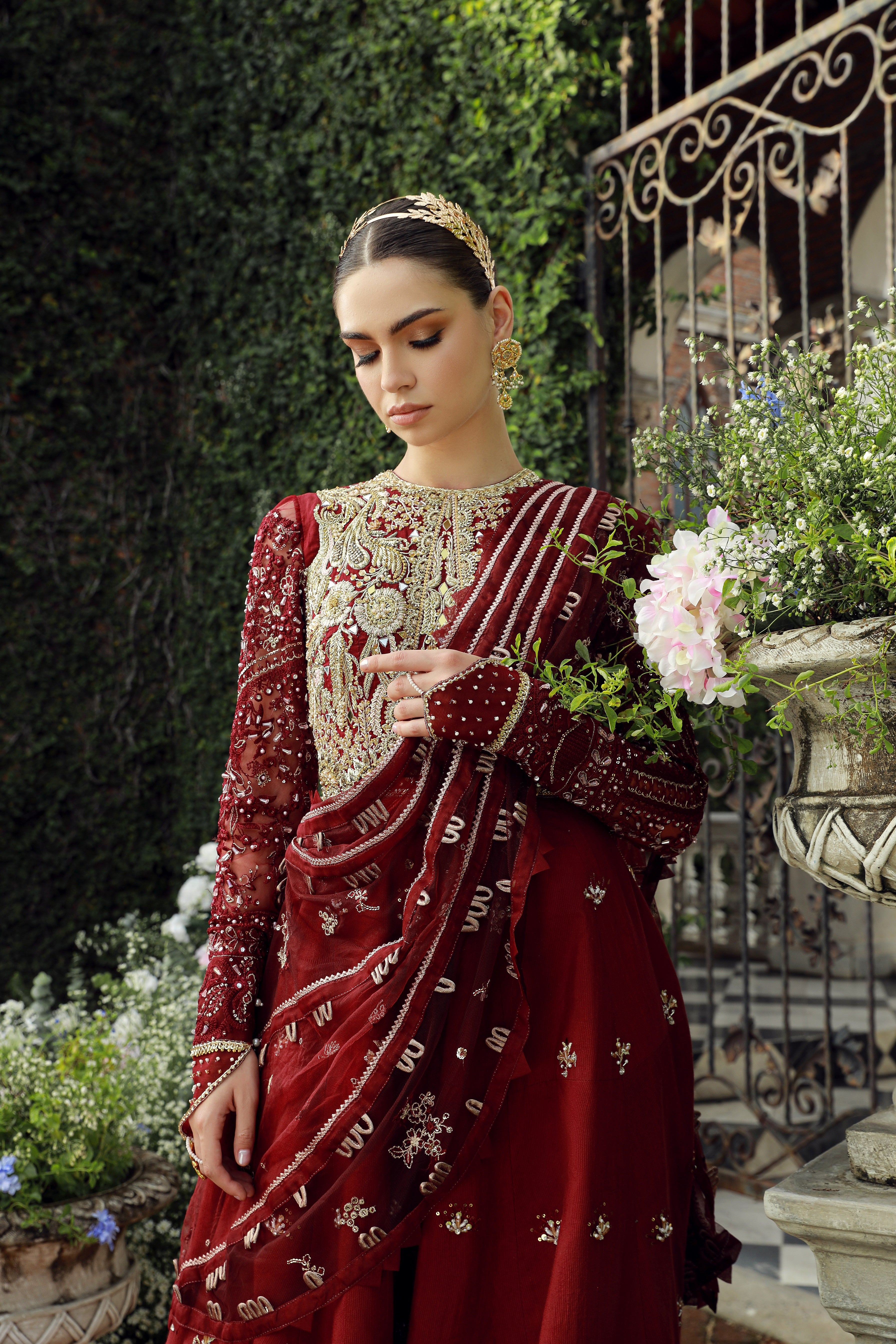 Royal Maroon Embroidered Net Bridal Lehenga (3-Piece) - Image 4
