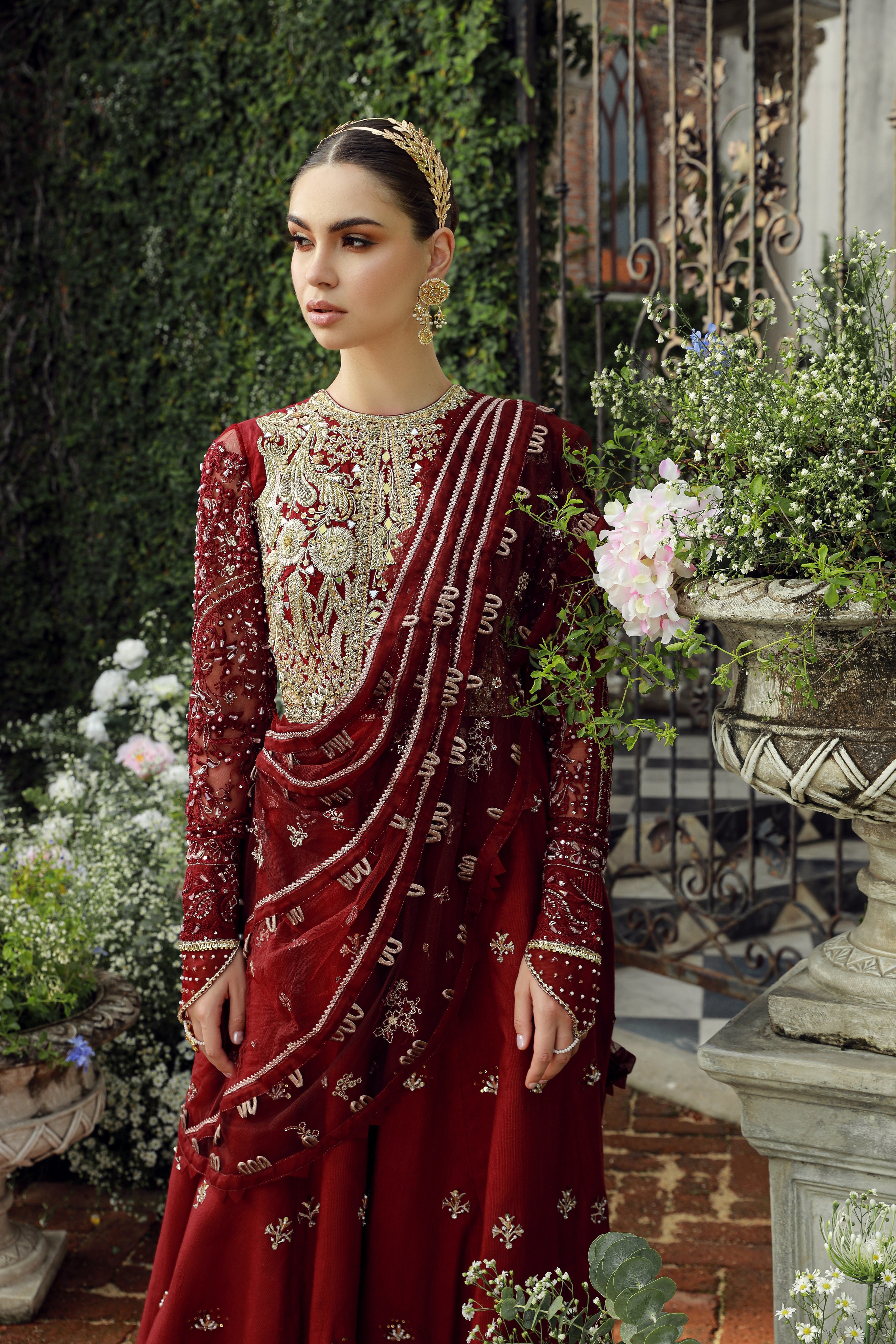 Royal Maroon Embroidered Net Bridal Lehenga (3-Piece) - Image 5