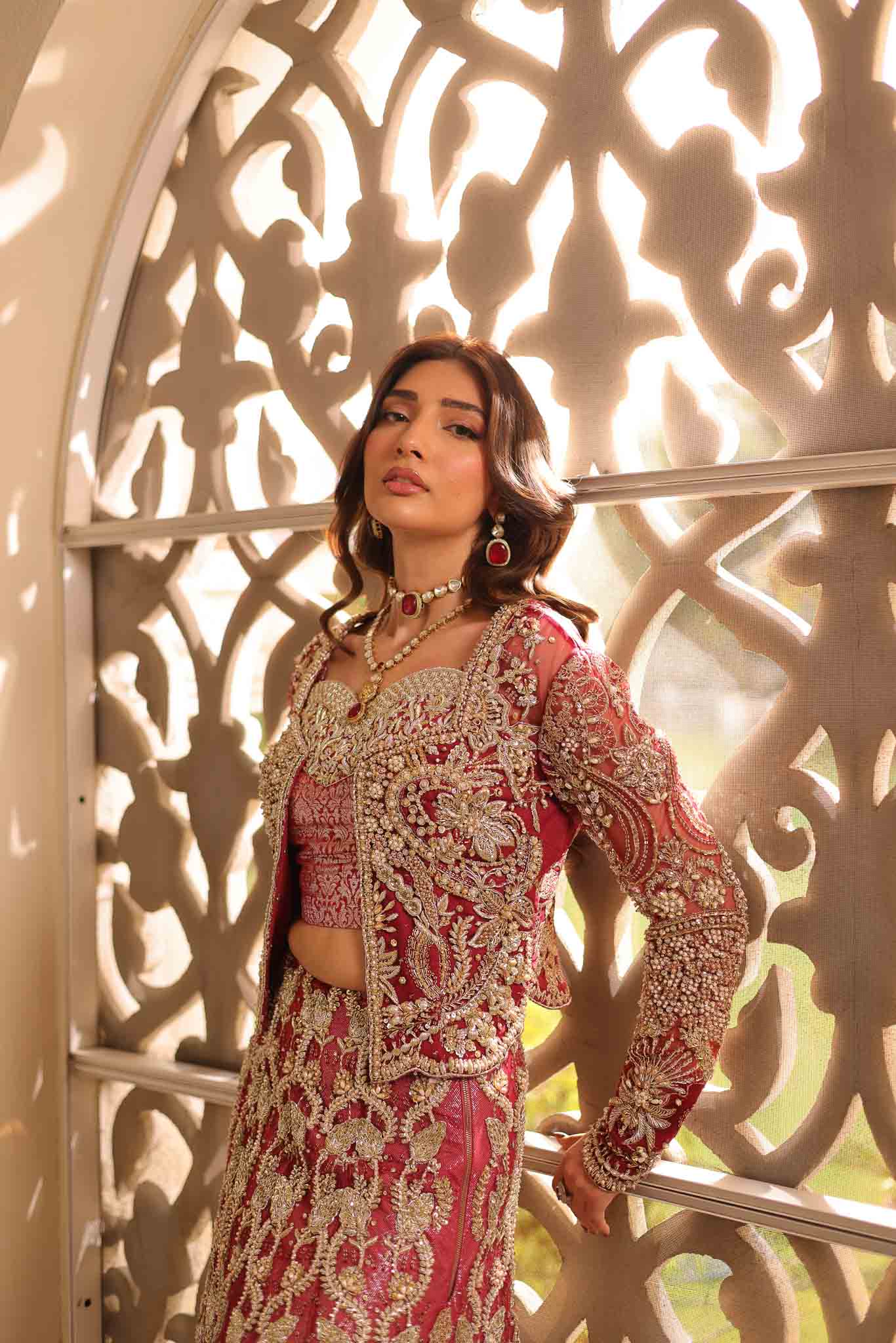 Deep Maroon Embroidered Net Bridal Lehenga (3-Piece) - Image 8