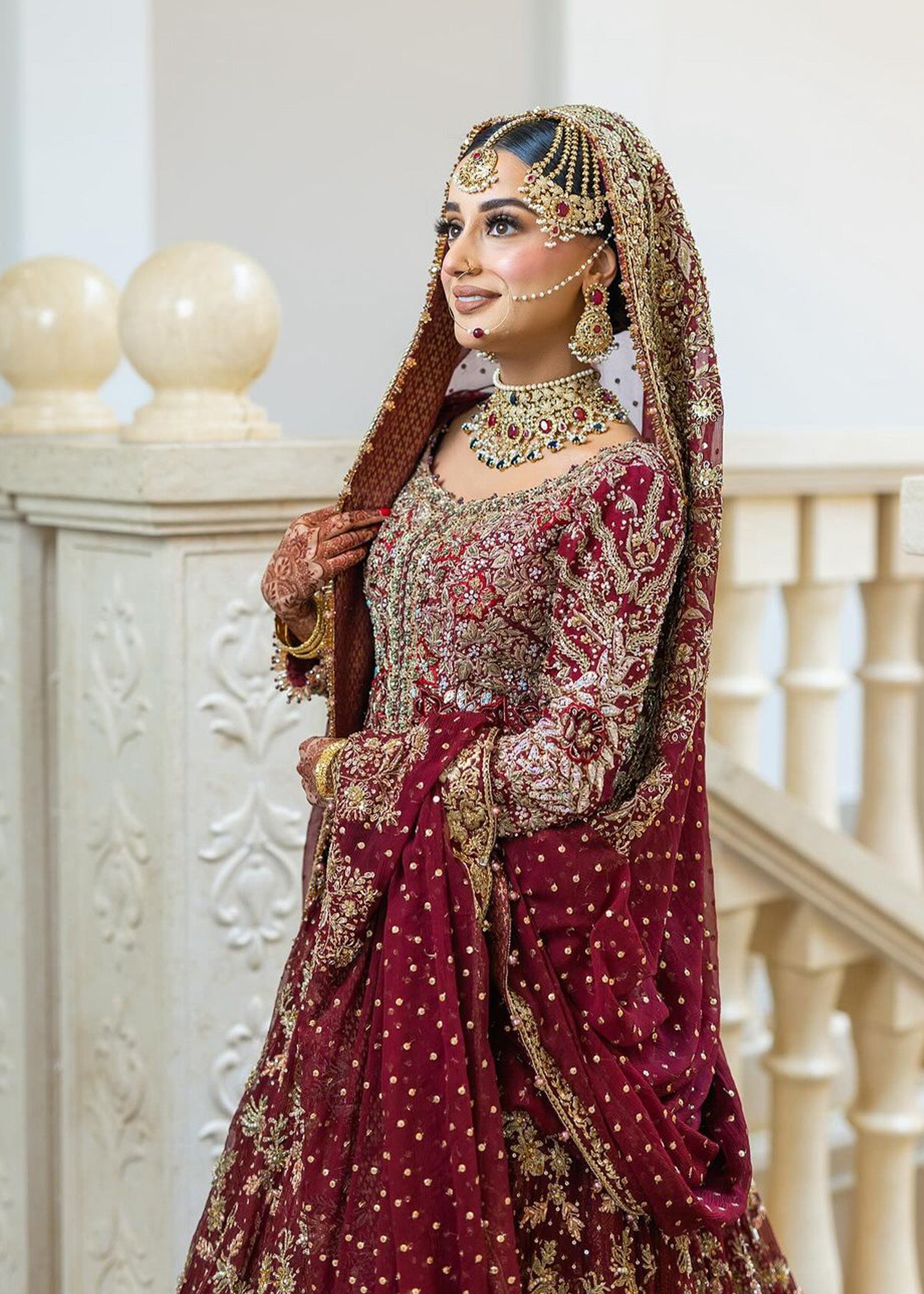 Pakistani Deep Maroon Embellished Net Bridal Lehenga (3-Piece) - Image 4