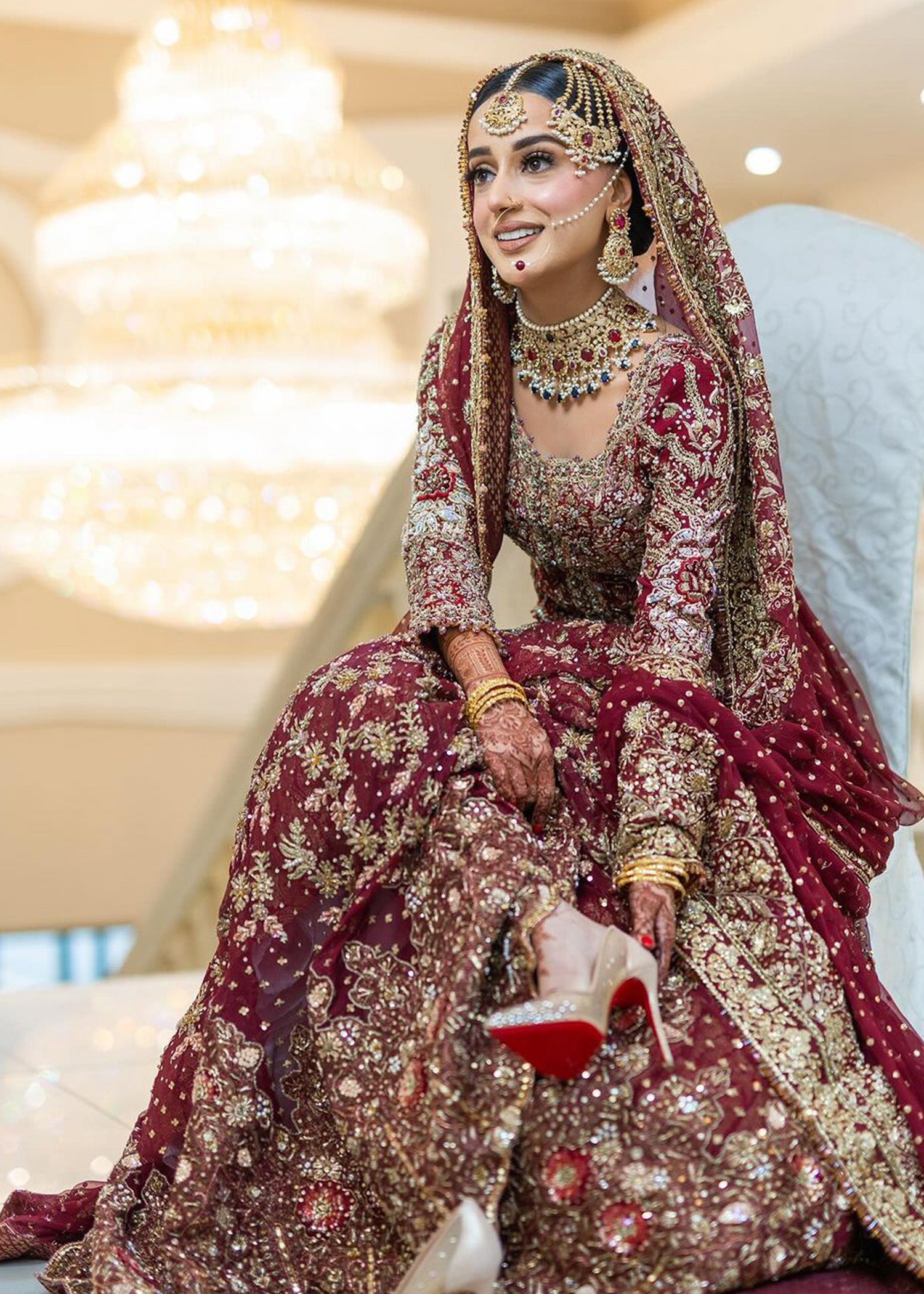 Pakistani Deep Maroon Embellished Net Bridal Lehenga (3-Piece) - Image 5