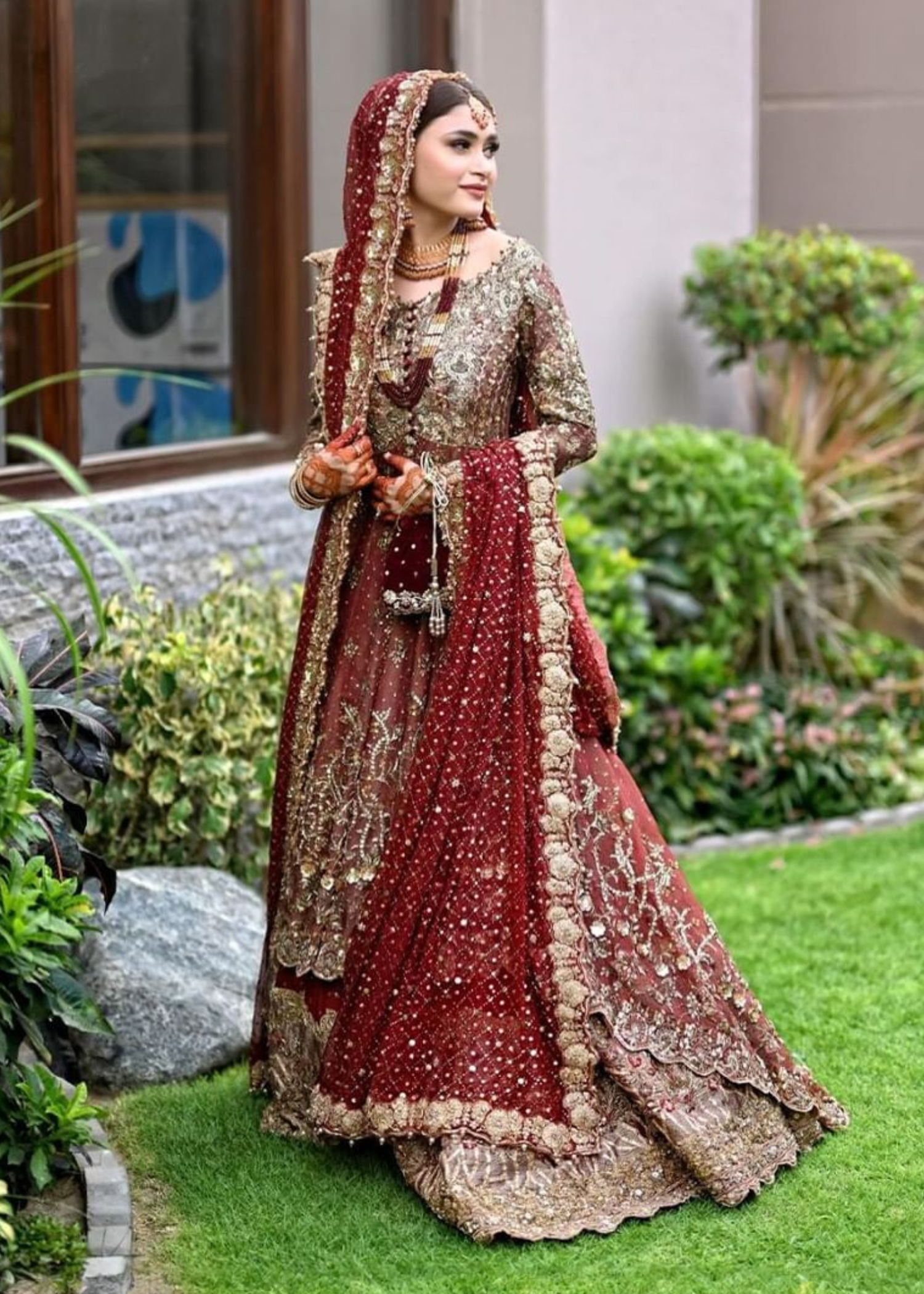Deep Maroon Embroidered Net Bridal Lehenga (3-Piece) - Image 1