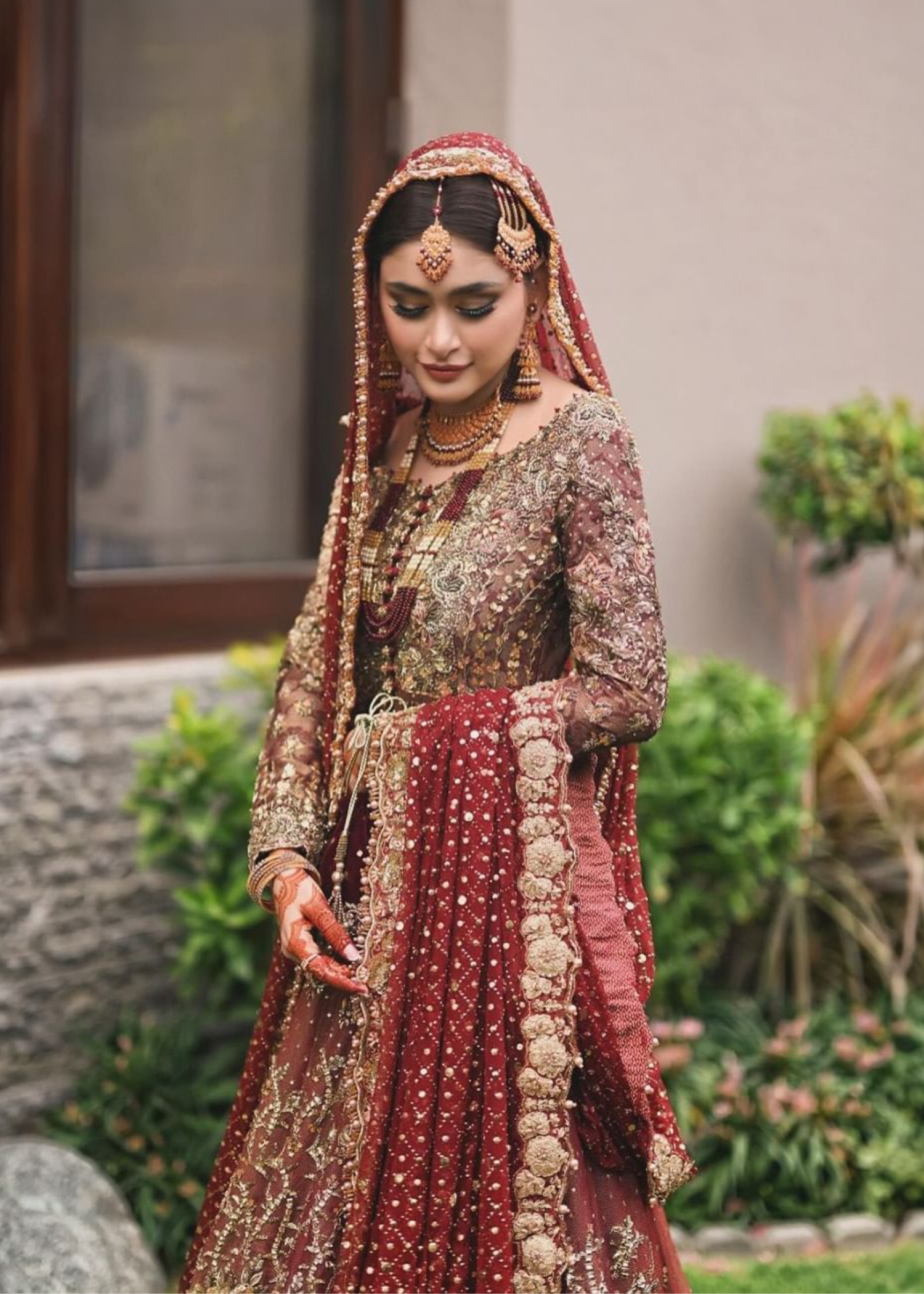 Deep Maroon Embroidered Net Bridal Lehenga (3-Piece) - Image 2