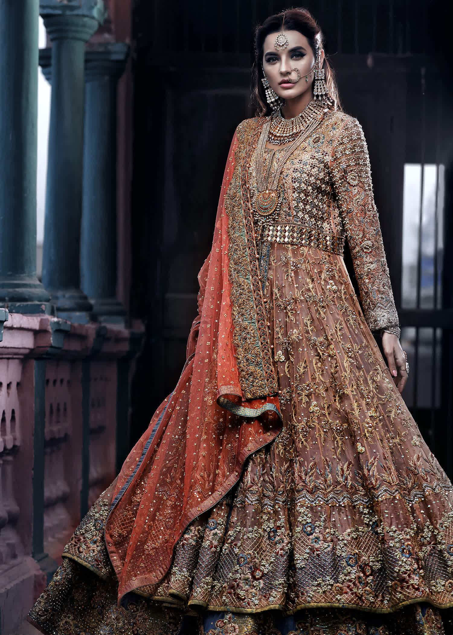 Pakistani Rust and Gold Embellished Net Bridal Lehenga (3-Piece) - Image 1