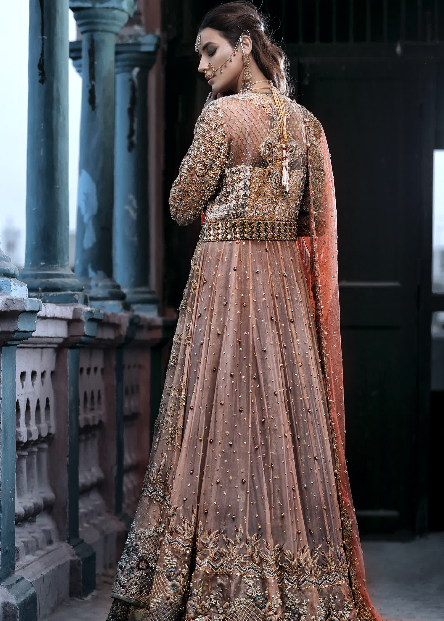 Pakistani Rust and Gold Embellished Net Bridal Lehenga (3-Piece) - Image 2