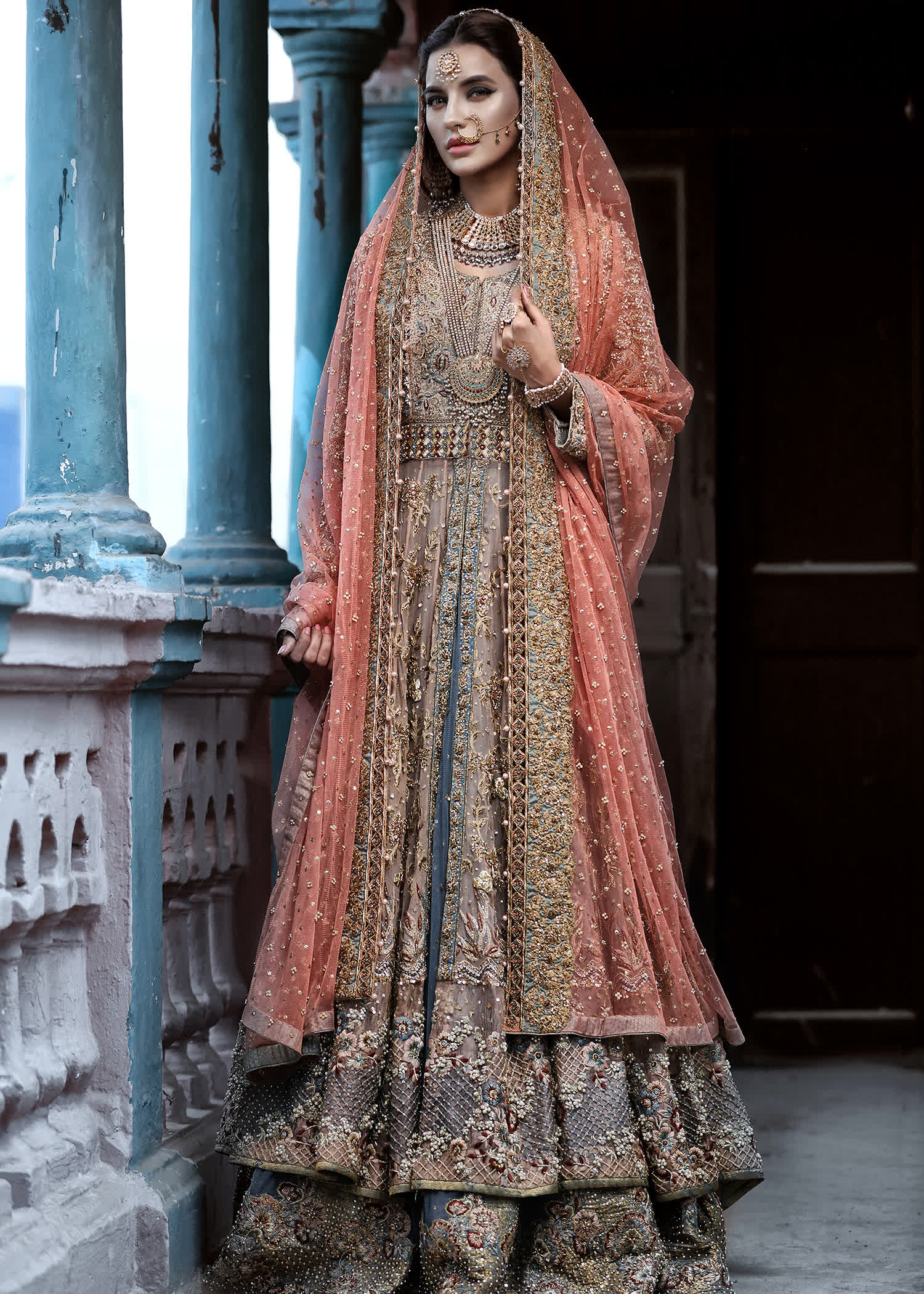 Pakistani Rust and Gold Embellished Net Bridal Lehenga (3-Piece) - Image 3