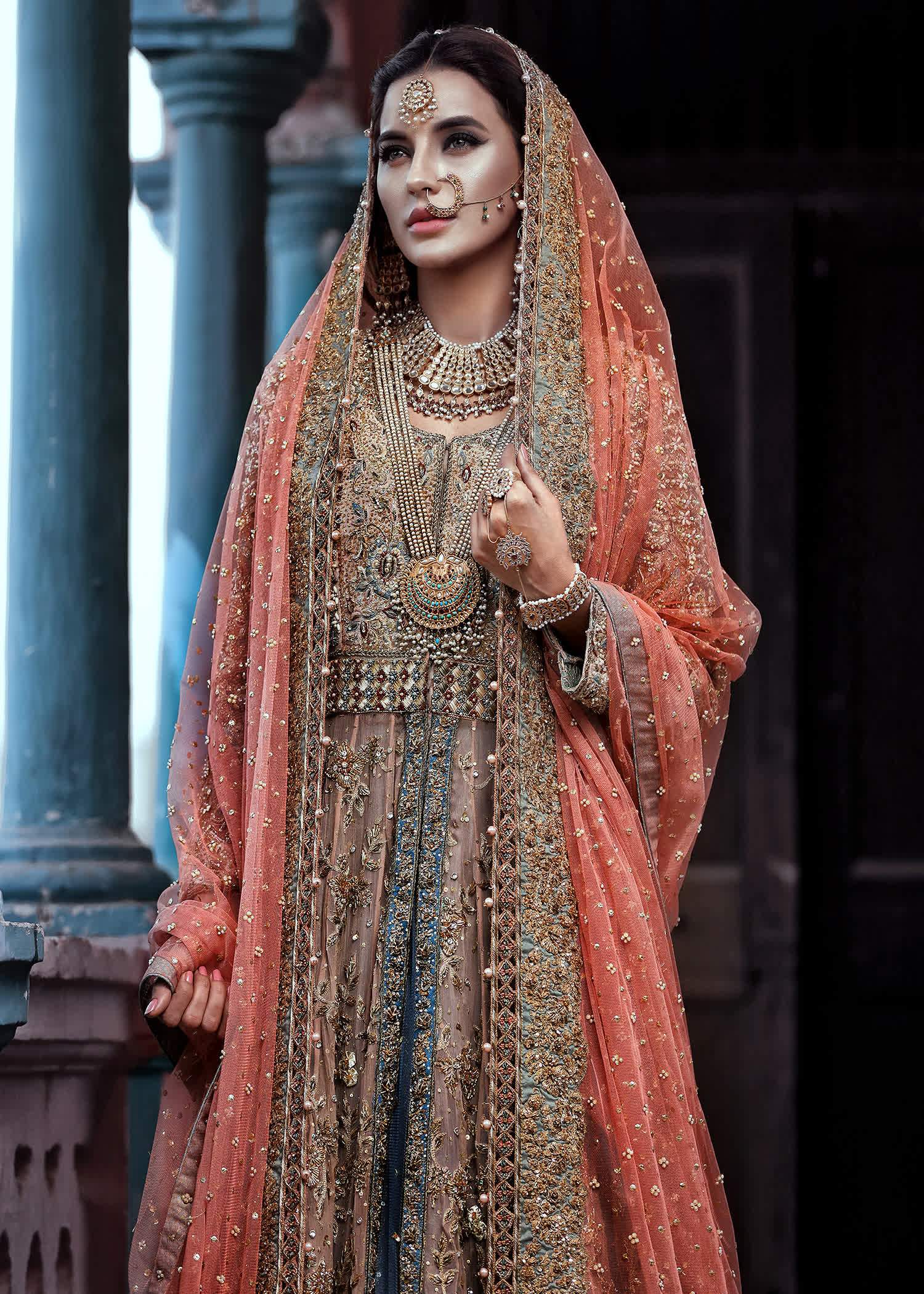 Pakistani Rust and Gold Embellished Net Bridal Lehenga (3-Piece) - Image 4