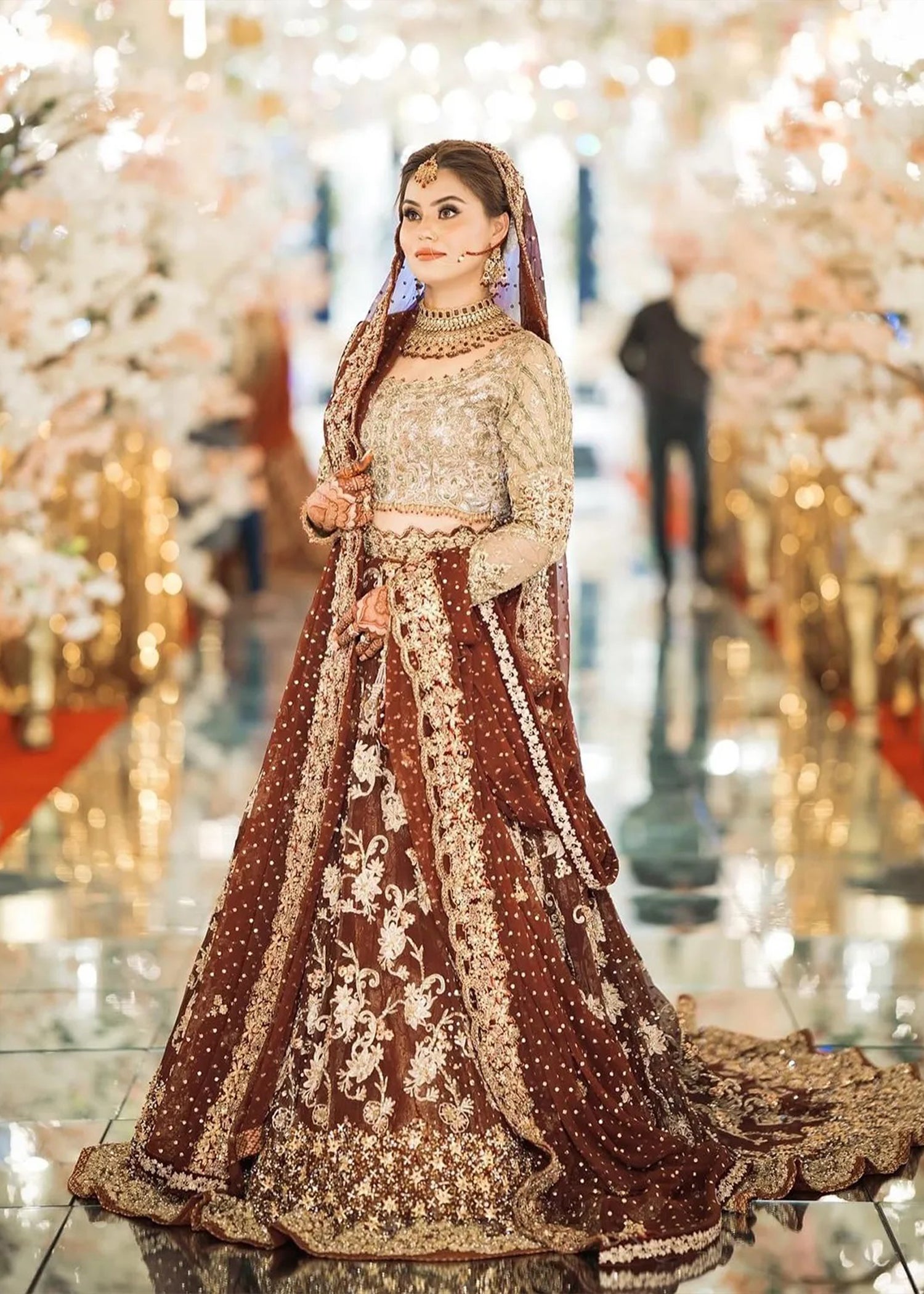 Deep Maroon Gold Embroidered Net Bridal Lehenga (3-Piece) - Image 1