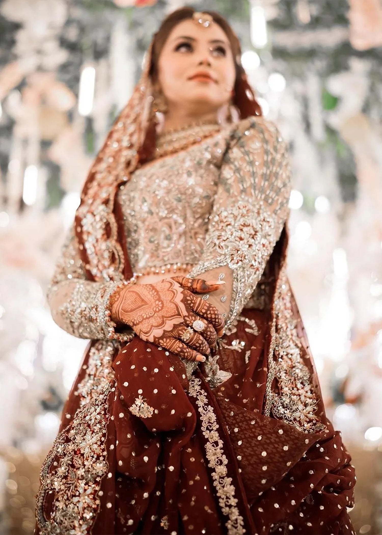 Deep Maroon Gold Embroidered Net Bridal Lehenga (3-Piece) - Image 2