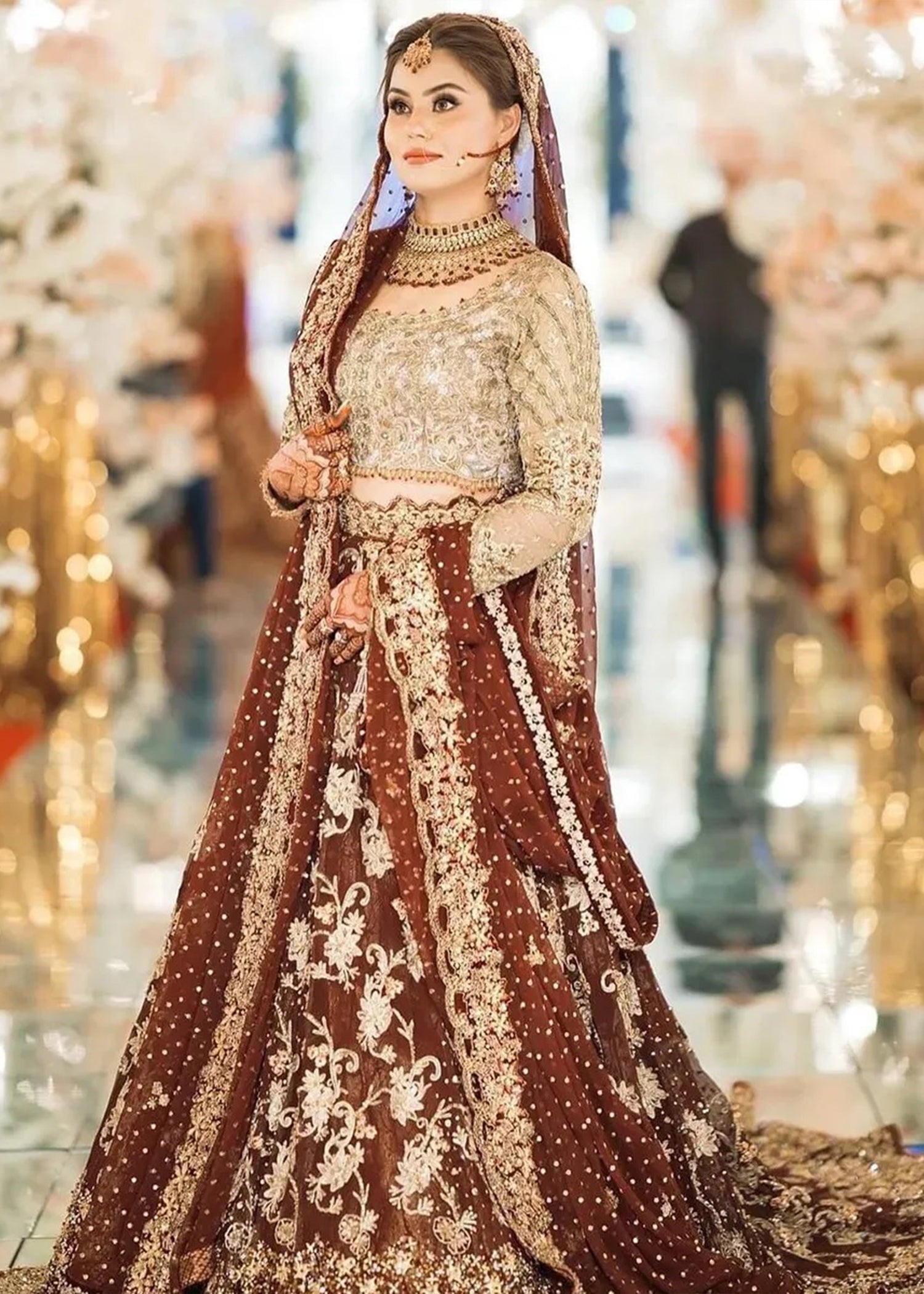 Deep Maroon Gold Embroidered Net Bridal Lehenga (3-Piece) - Image 3