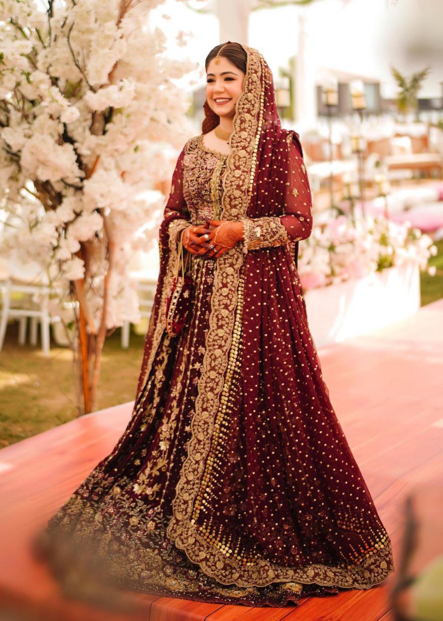 Deep Maroon Embroidered Net Bridal Lehenga (3-Piece) - Image 1