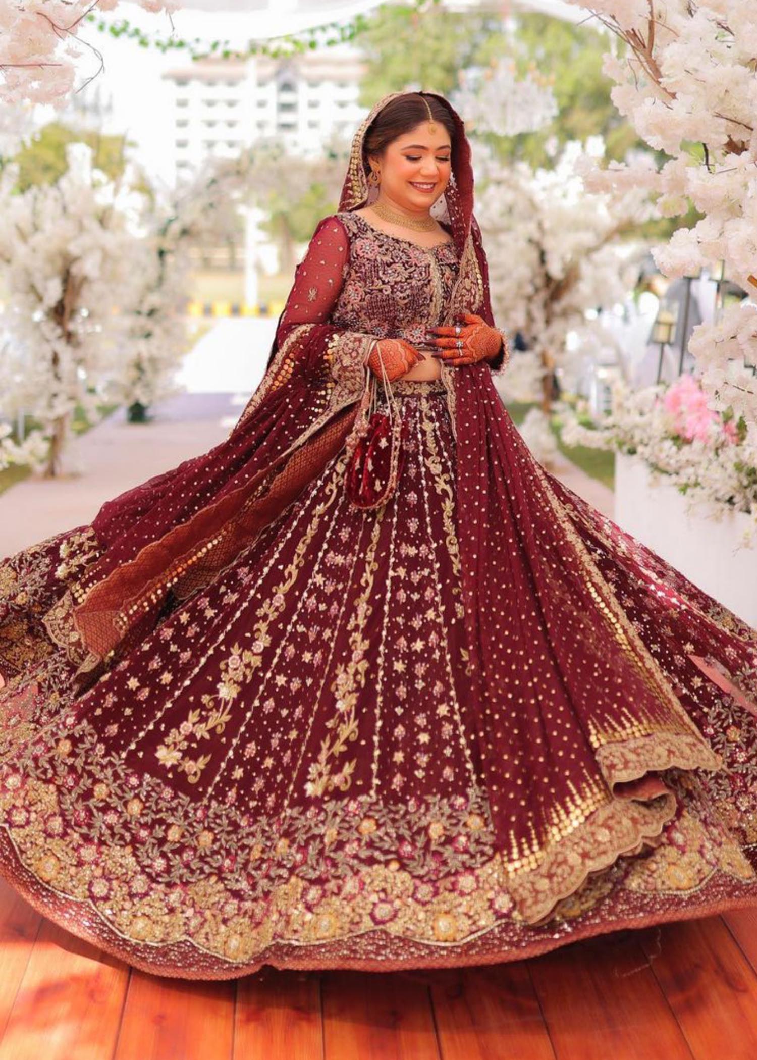 Deep Maroon Embroidered Net Bridal Lehenga (3-Piece) - Image 2
