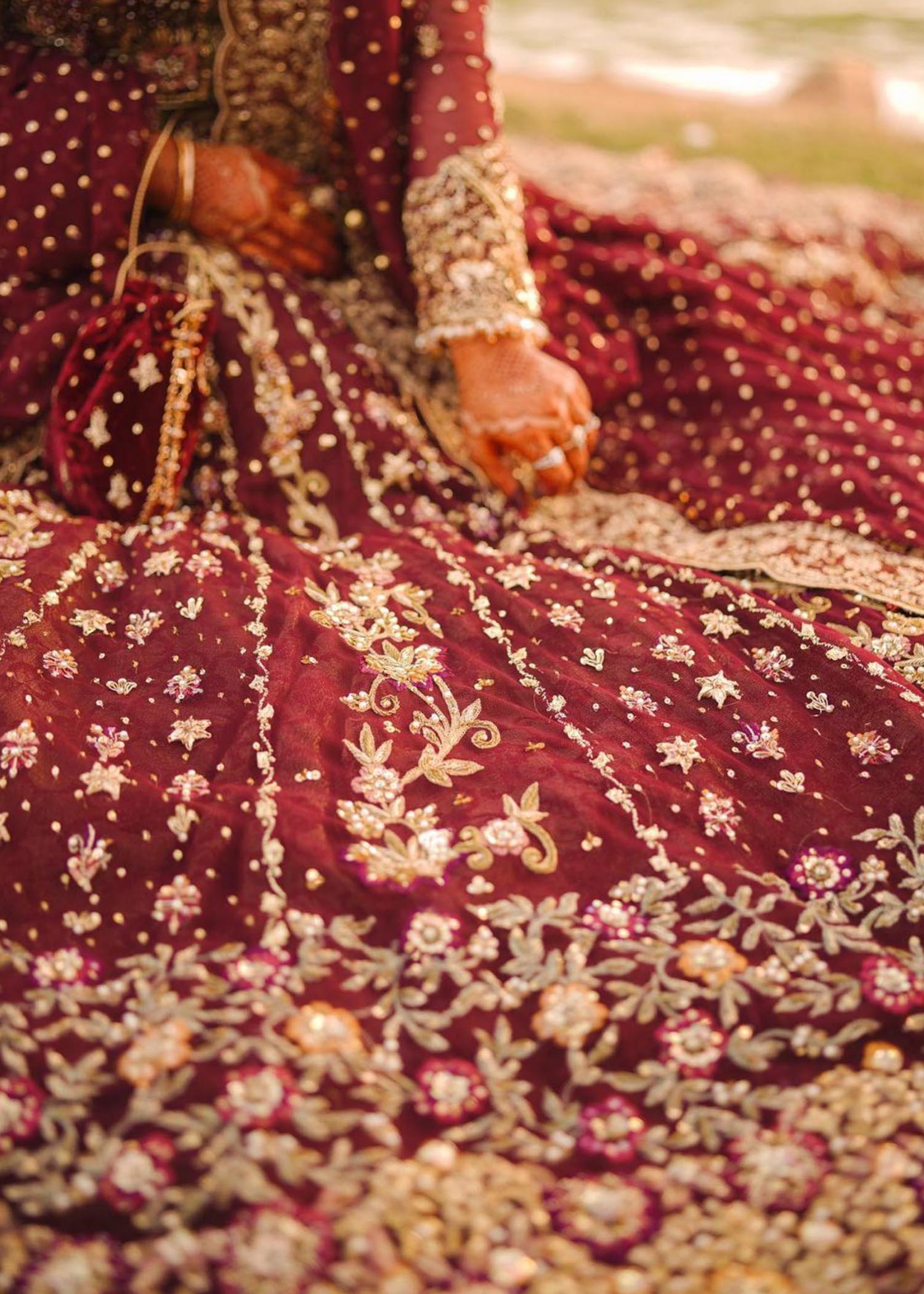 Deep Maroon Embroidered Net Bridal Lehenga (3-Piece) - Image 3