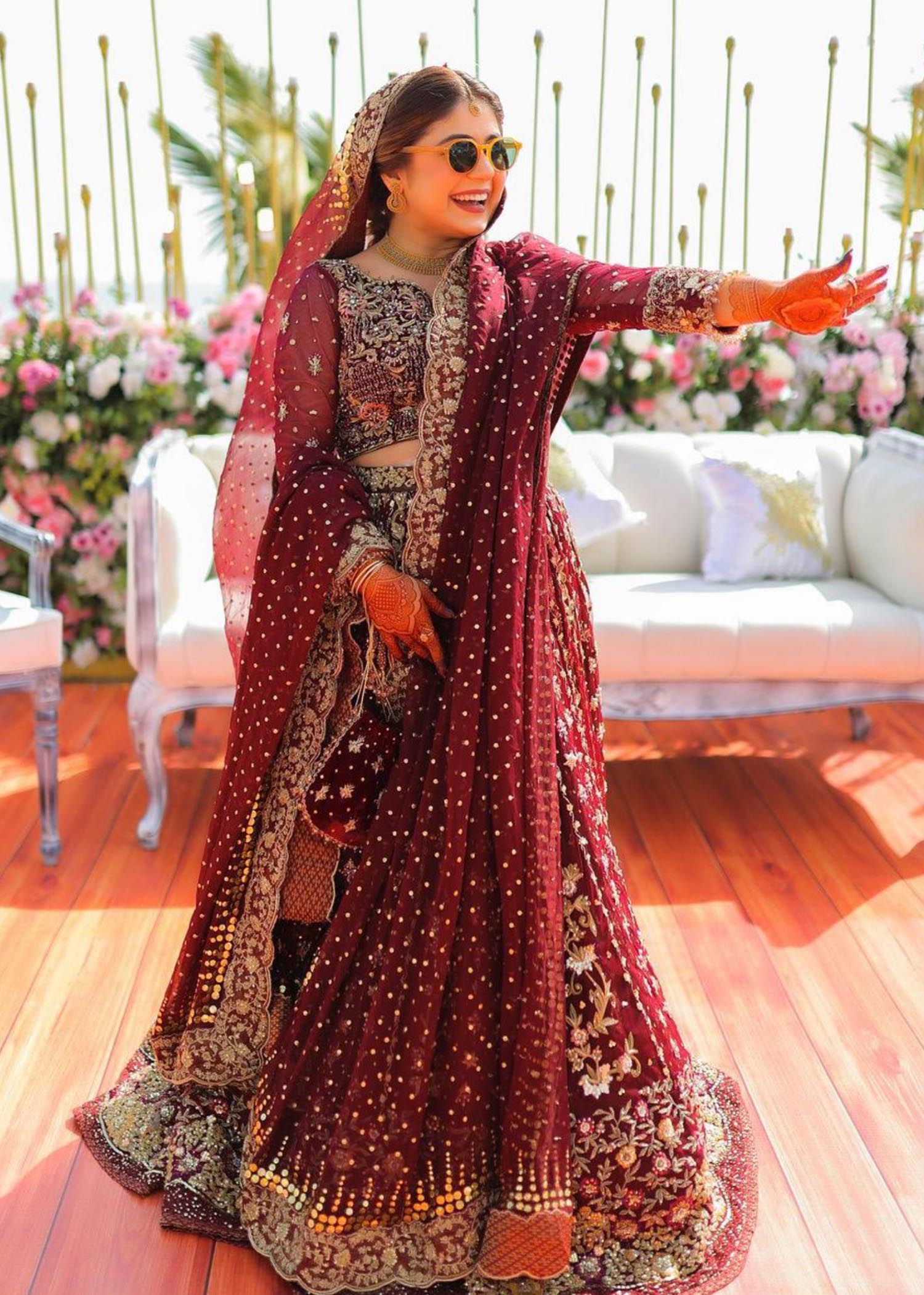 Deep Maroon Embroidered Net Bridal Lehenga (3-Piece) - Image 4