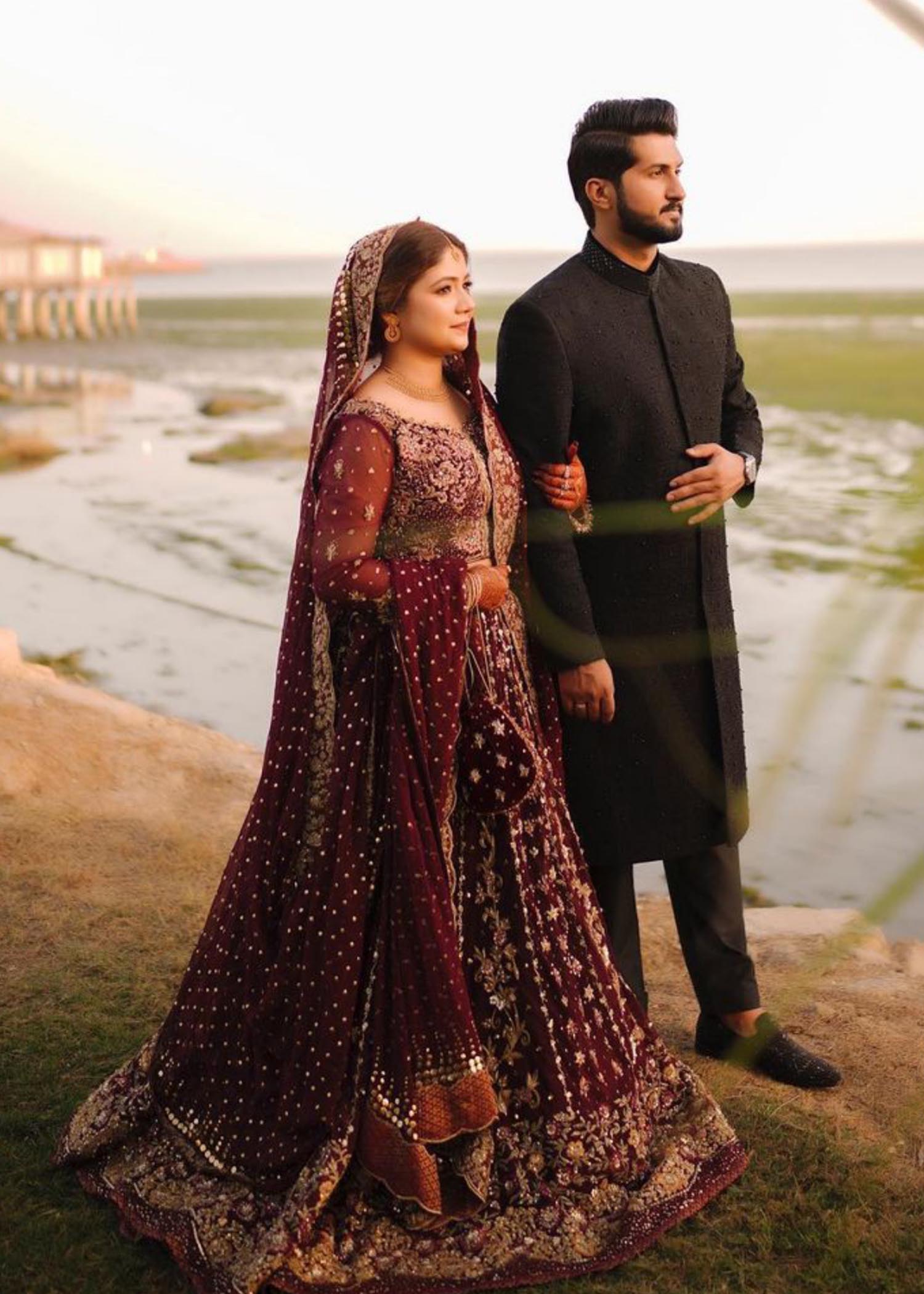 Deep Maroon Embroidered Net Bridal Lehenga (3-Piece) - Image 5