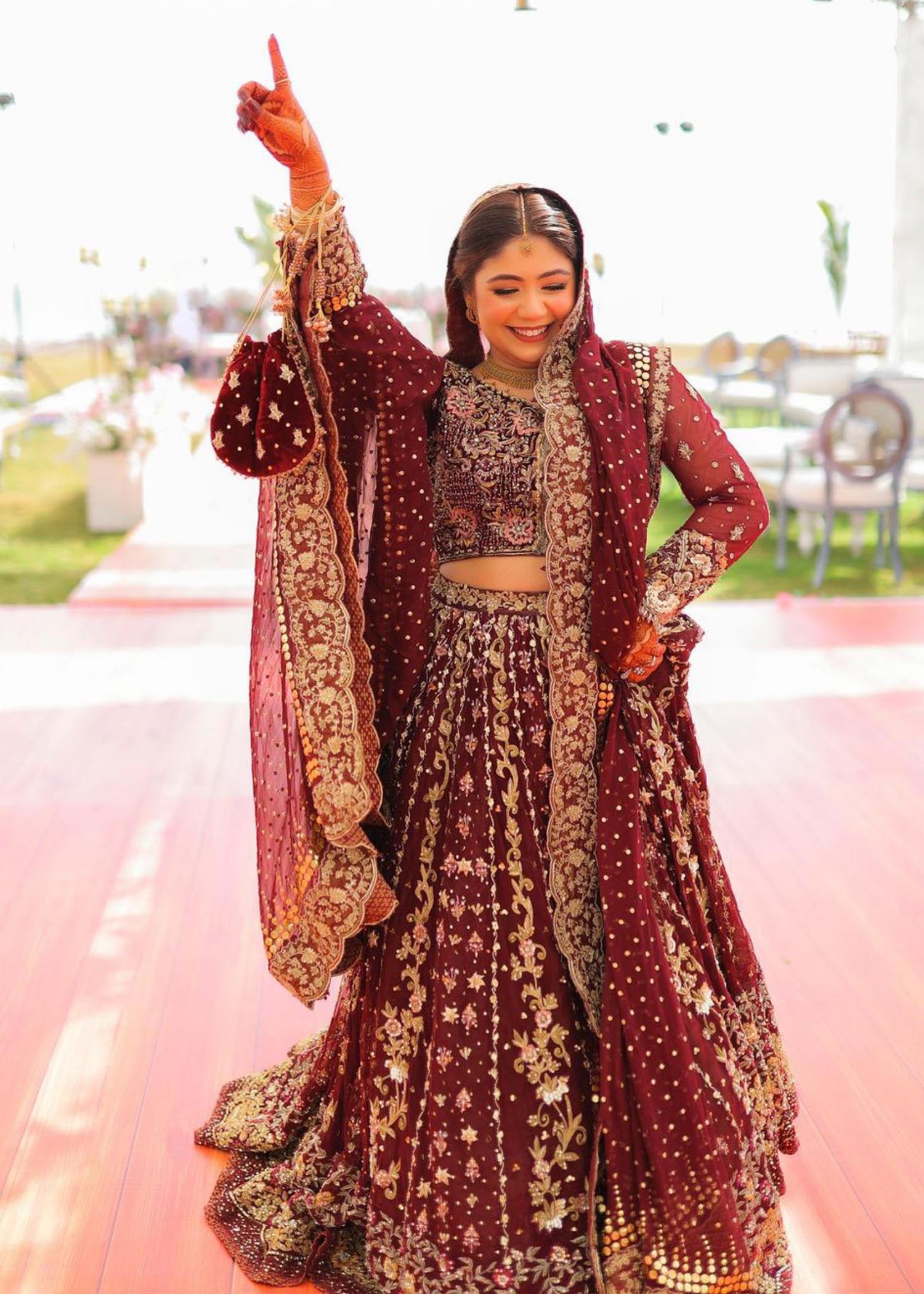 Deep Maroon Embroidered Net Bridal Lehenga (3-Piece) - Image 6