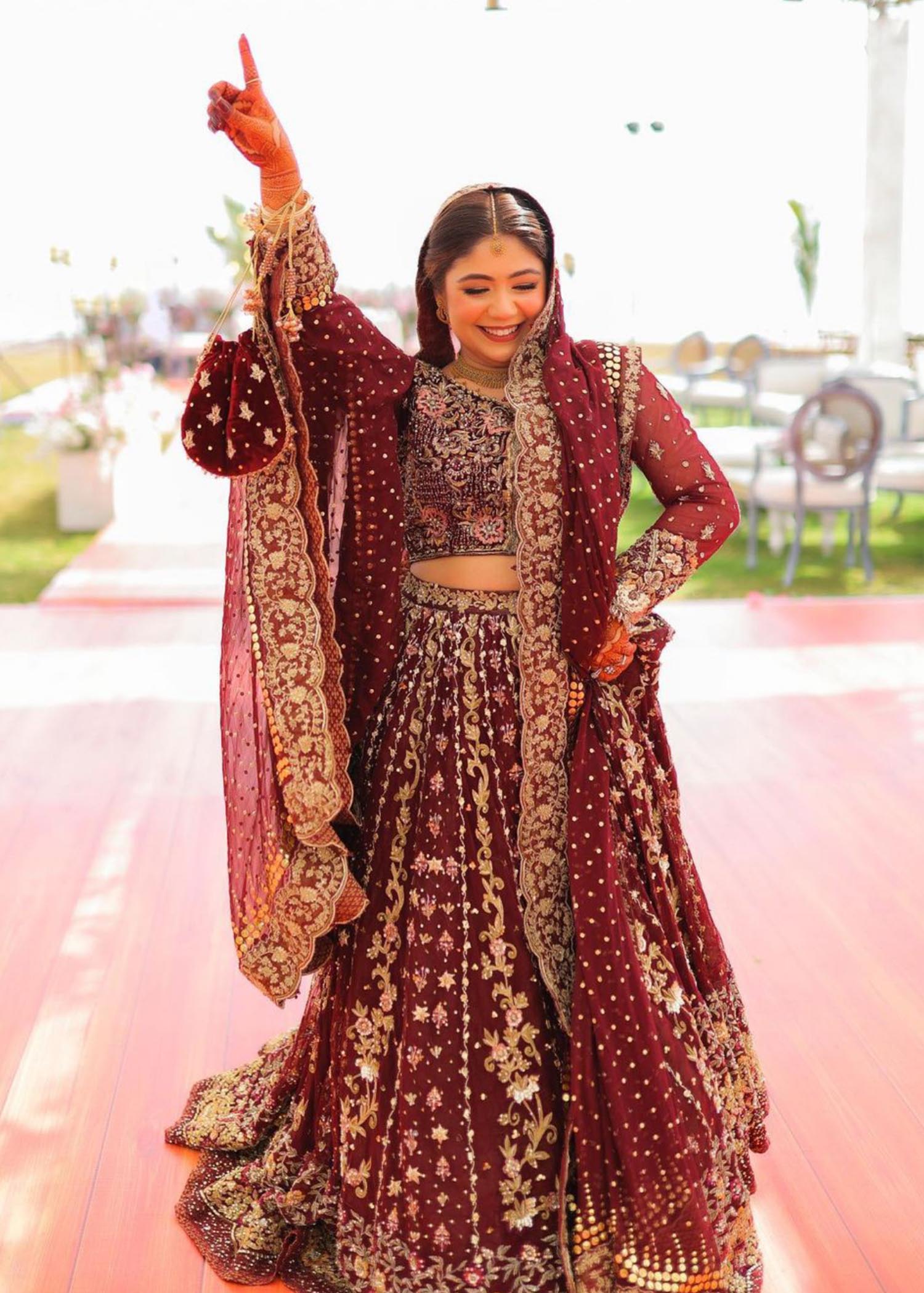 Deep Maroon Embroidered Net Bridal Lehenga (3-Piece) - Image 7