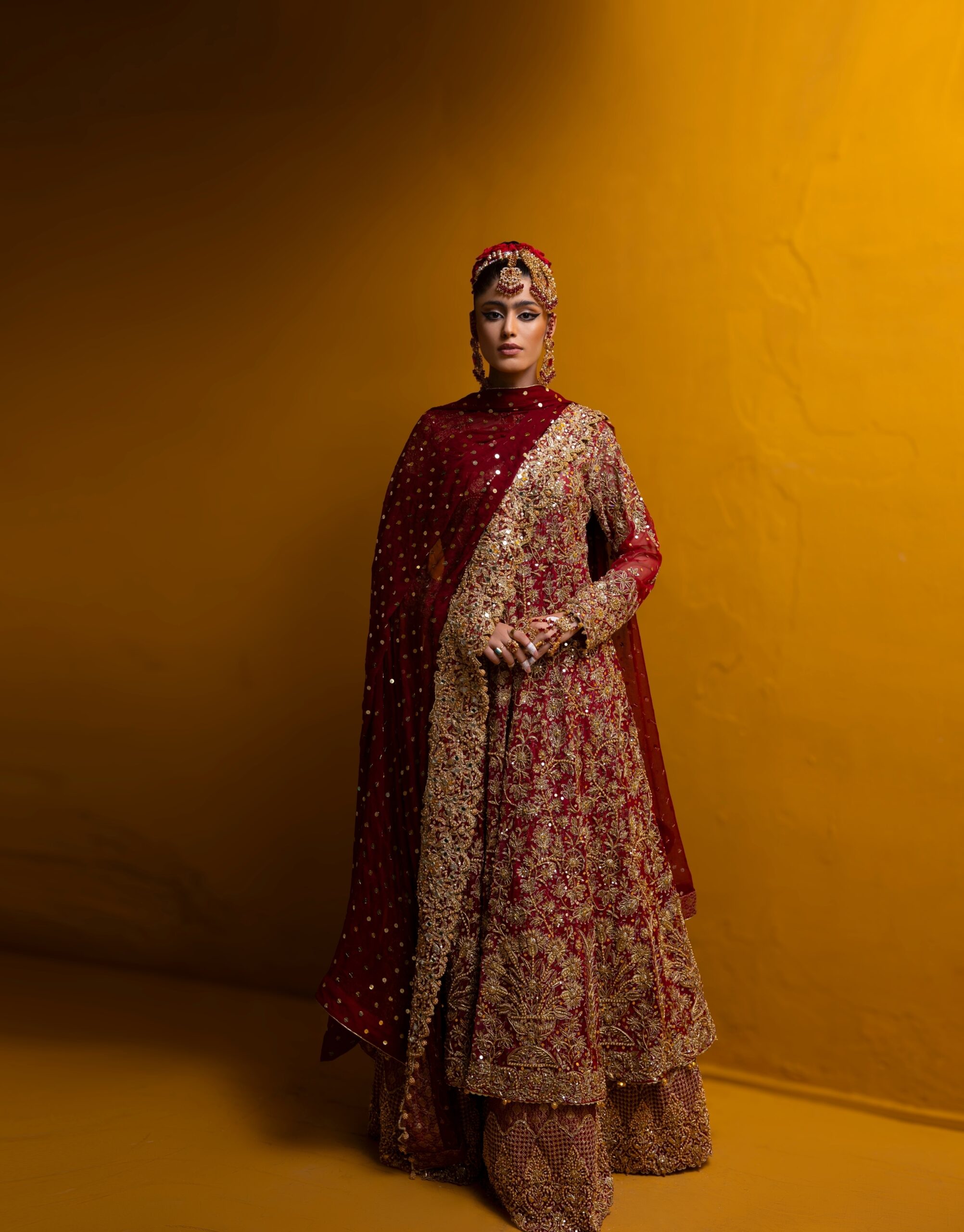 Maroonish Red Embroidered Net Bridal Lehenga (3-Piece) - Image 11