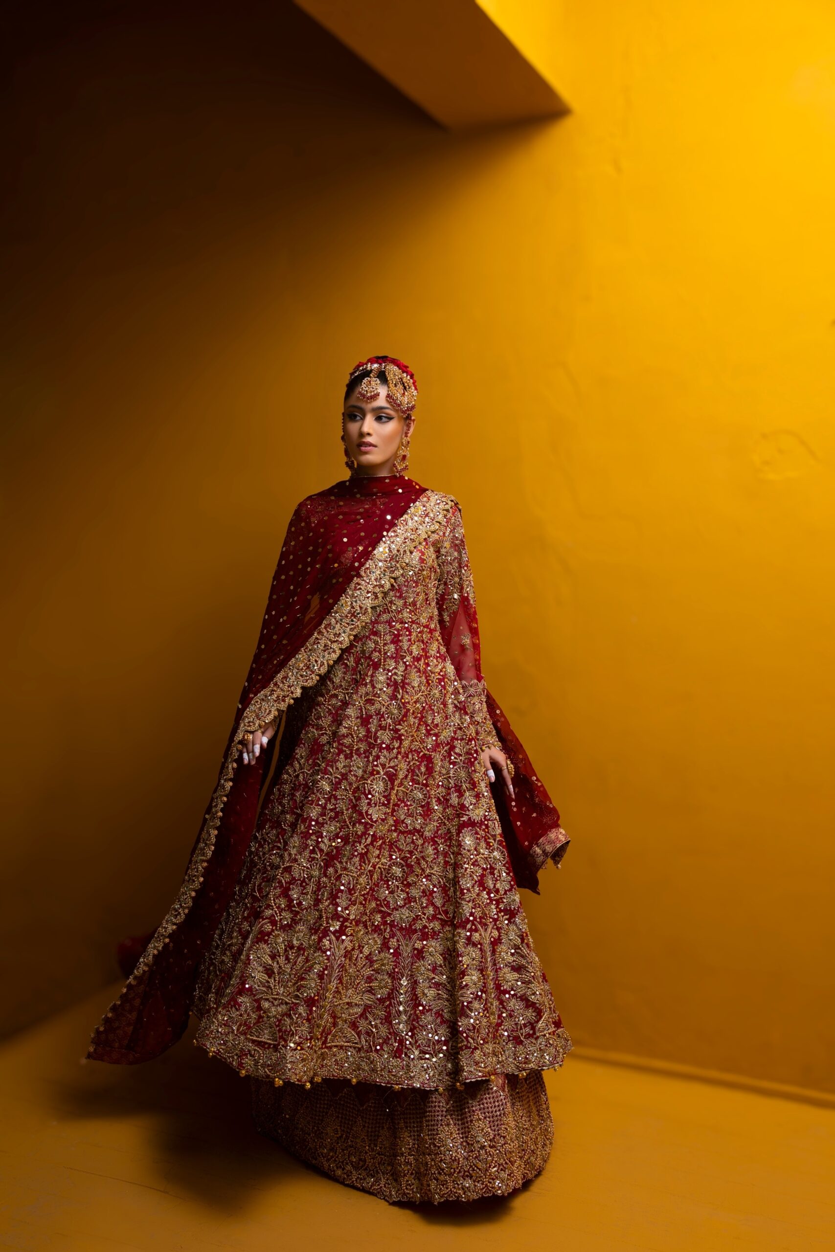 Maroonish Red Embroidered Net Bridal Lehenga (3-Piece) - Image 12