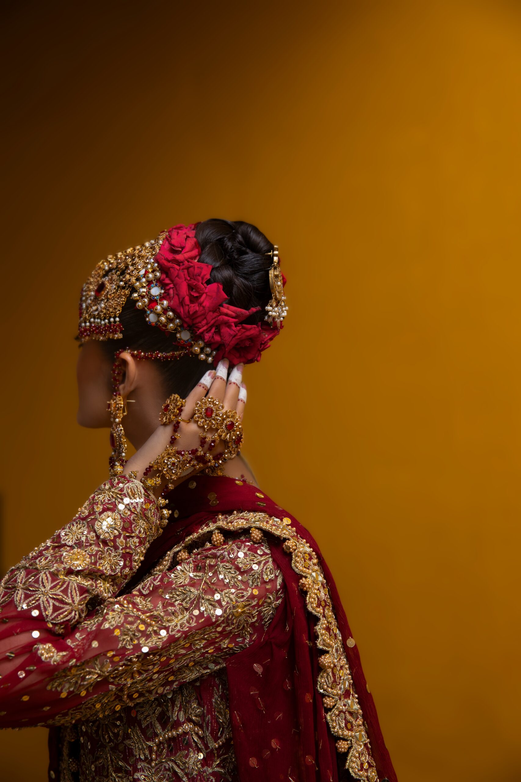 Maroonish Red Embroidered Net Bridal Lehenga (3-Piece) - Image 13